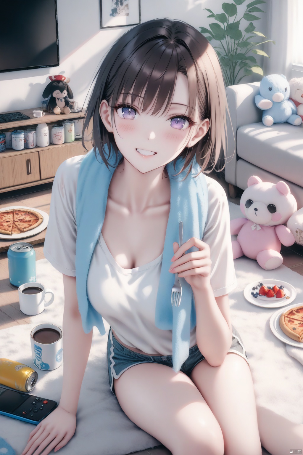 masterpiece,best quality,high quality,(colorful), loli,1girl, food, cake, smile, plate, holding, shirt, fork, cake slice, solo, sitting, white shirt, can, barefoot, brown hair, blush, indoors, grin, looking at viewer, towel, phone, shorts, strawberry, stuffed toy, pizza, cup, purple eyes, drink can, cellphone, controller, smartphone, fruit, plant, short sleeves, mug, stuffed animal, rug, towel around neck, couch, collarbone, bare legs, short hair, holding fork, remote control, teeth, underwear, breasts, coffee, panties, pillow,[Artist NIXEU,Artist z282g,artist\:kedama milk,Artist hanekoto,Artist\:jima,Artist hiten \(hitenkei\),Artist toosaka asagi,artist wlop,Artist\:agwing86,nai3 Style,artist Alens,]
