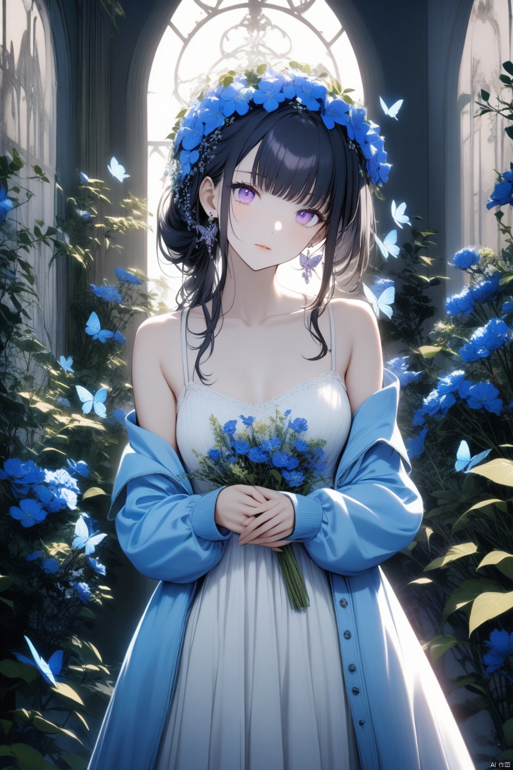 1girl, solo. She has long black hair with bangs and a hair ornament. Her purple eyes are captivating. She wears a white sleeveless dress with spaghetti straps and an open blue jacket. The dress is off shoulder, revealing her bare shoulders and collarbone. She wears jewelry including earrings and a head wreath with blue flowers. A flower adorns her hair. She holds her own hands together, looking at the viewer with a closed mouth and a slight head tilt. In the background, there are bugs, plants, and a butterfly. The scene is illuminated by backlighting. She has puffy sleeves on the jacket and long sleeves on the dress.
