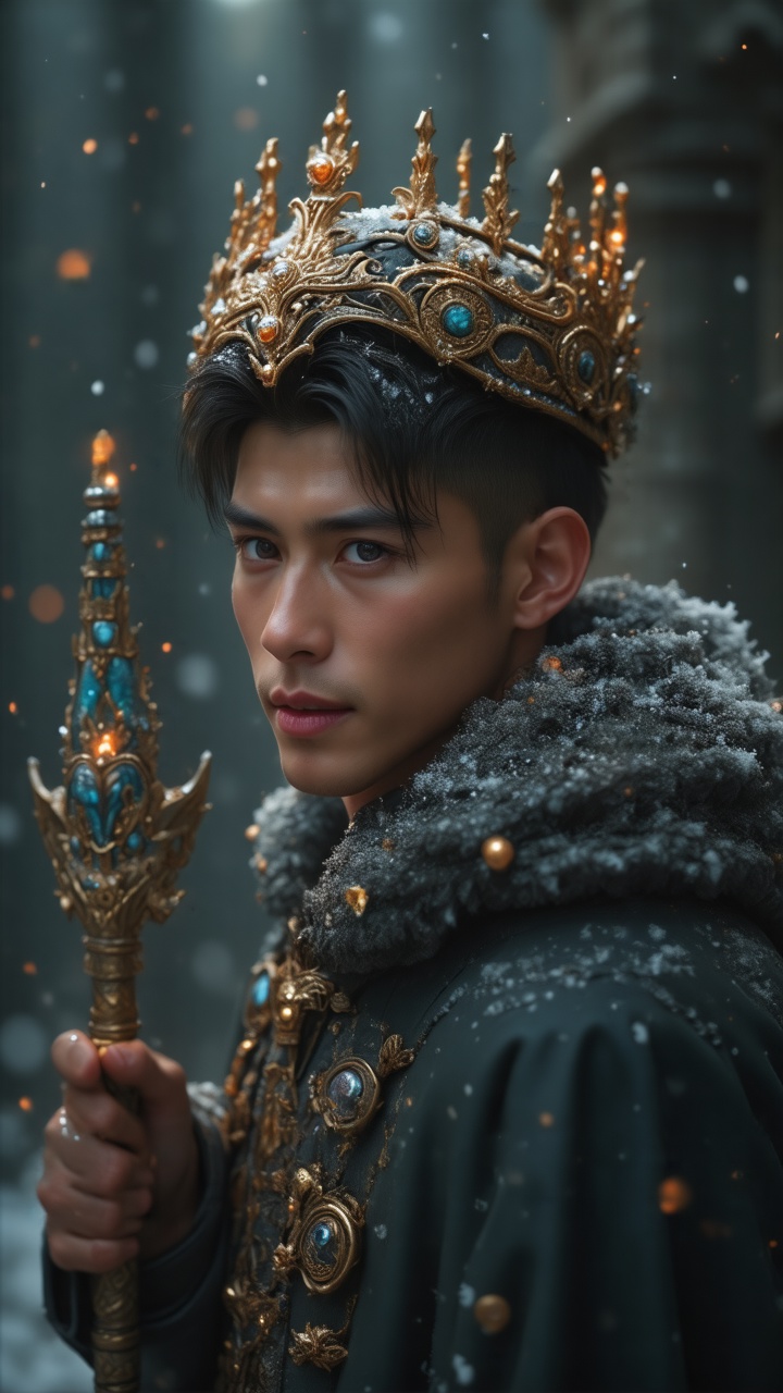 A handsome prince of snow with black hairs,  a complex and gorgeous crown in head,  a complex and gorgeous wand in hand in...