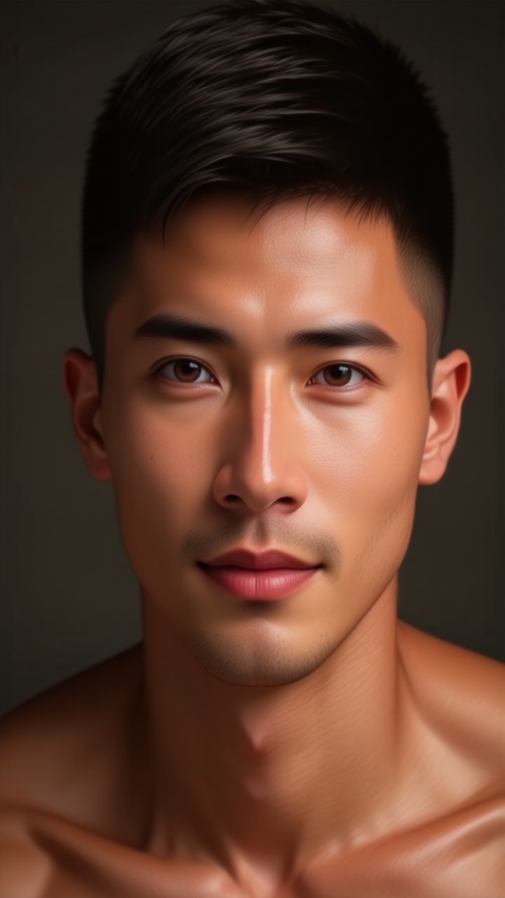 Advertising photo of a handsome man's face with tan skin,  creating a warm,  intimate atmosphere. on Tensor.Art