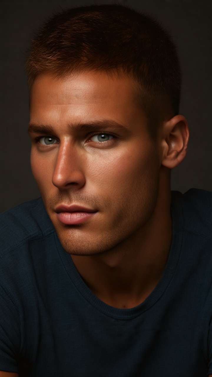 Advertising photo of a handsome man's face with tan skin,  creating a warm,  intimate atmosphere. B-photography on Tensor.Art