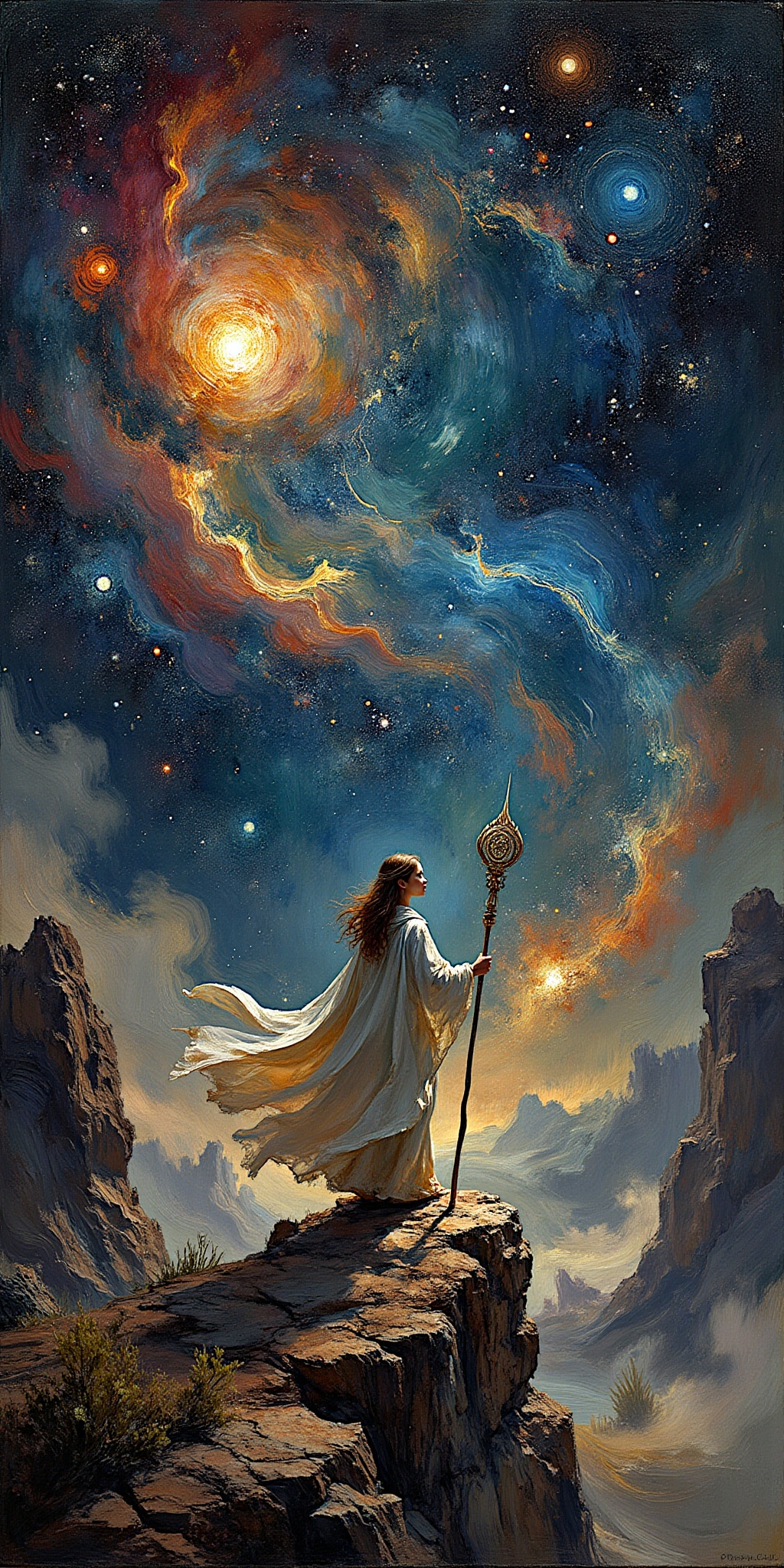 an enchanting sorceress standing atop a rugged cliff,  gazing out at a vast,  star-filled cosmos on Tensor.Art