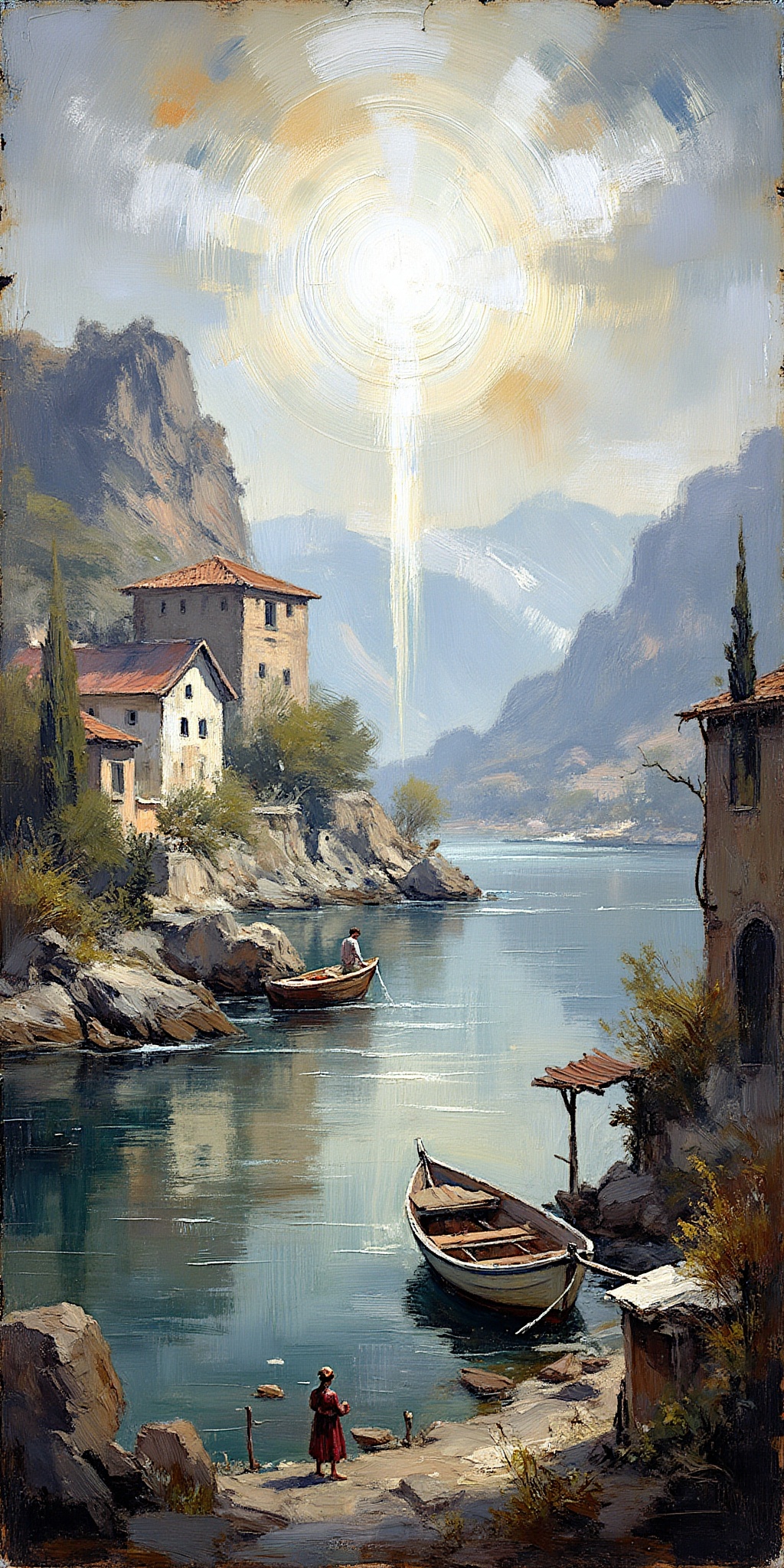 "A hybrid impressionist and expressionist painting with a religious theme,  depicting a serene waterfront town under a mys...