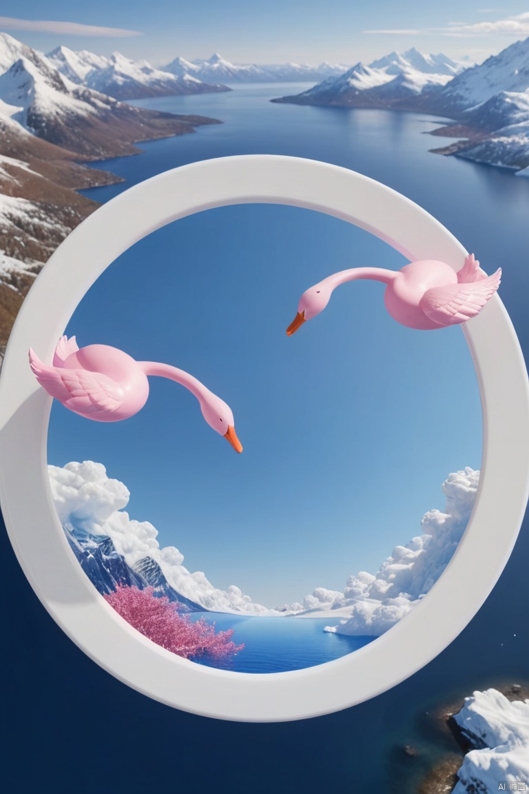 a 3D rendering of two pink swans are soaring in the air above a circular white plate. The plate is positioned in front of the swans, creating a stark contrast against the background of the image. The swans' bodies are a vibrant shade of pink, adding a pop of color to the otherwise monochromatic scene. The background is a deep blue, with a mountain range in the upper right corner of the frame. The sky is a light blue, dotted with a few white clouds.,Product photography
