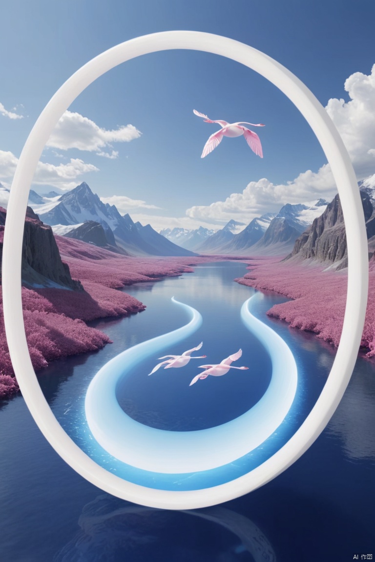 a 3D rendering of two pink swans are soaring in the air above a circular white plate. The plate is positioned in front of the swans, creating a stark contrast against the background of the image. The swans' bodies are a vibrant shade of pink, adding a pop of color to the otherwise monochromatic scene. The background is a deep blue, with a mountain range in the upper right corner of the frame. The sky is a light blue, dotted with a few white clouds.