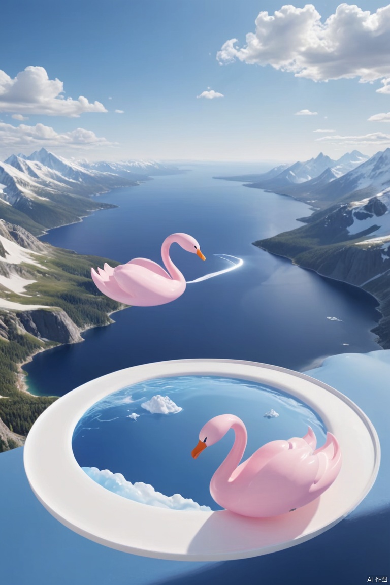 a 3D rendering of two pink swans are soaring in the air above a circular white plate. The plate is positioned in front of the swans, creating a stark contrast against the background of the image. The swans' bodies are a vibrant shade of pink, adding a pop of color to the otherwise monochromatic scene. The background is a deep blue, with a mountain range in the upper right corner of the frame. The sky is a light blue, dotted with a few white clouds.