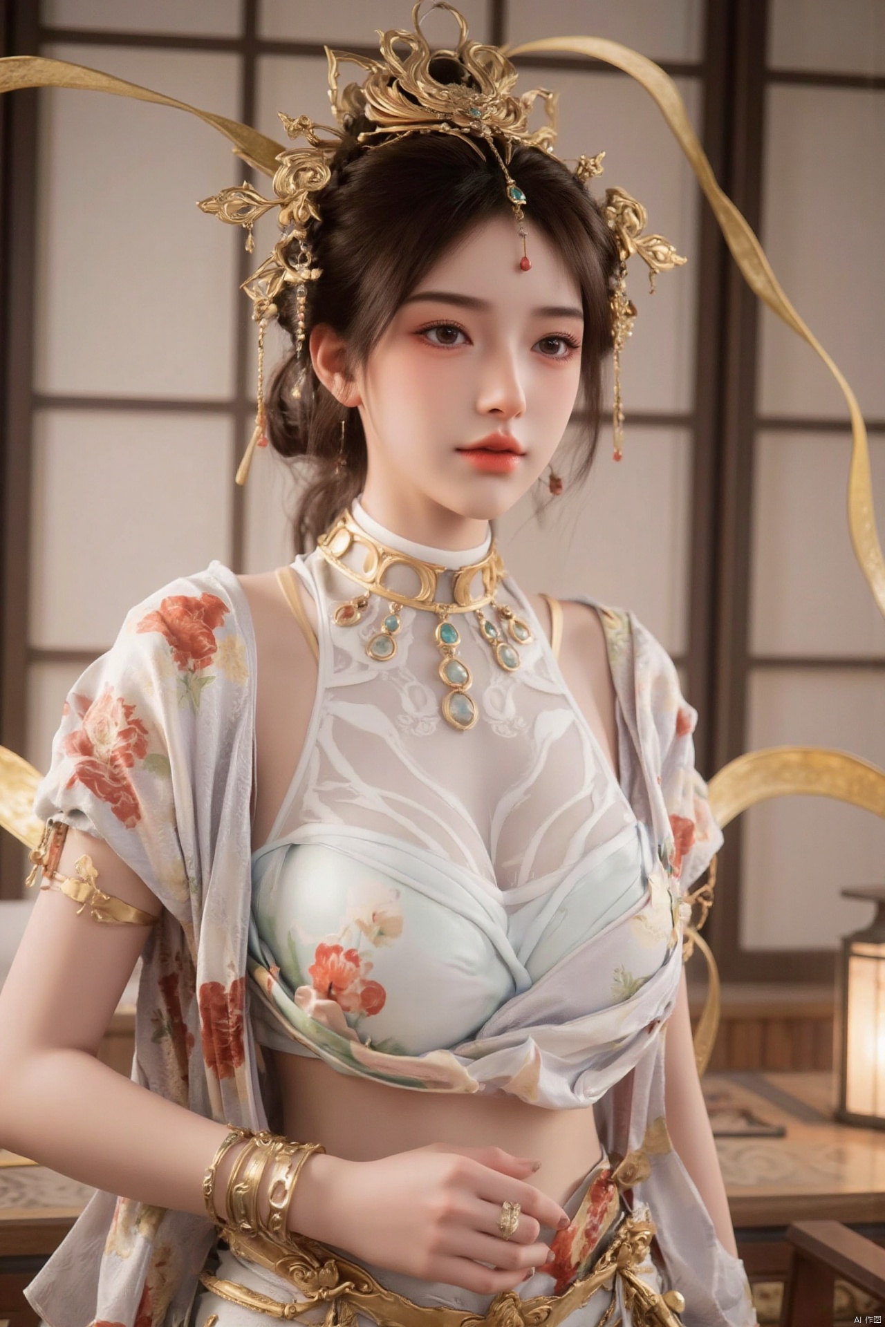Realistic photos, 1girl, fair skin, (big breasts:1.39), oiran headdress, (wearing Japanese kimono), beautiful and sexy, upper body, Japanese scene,