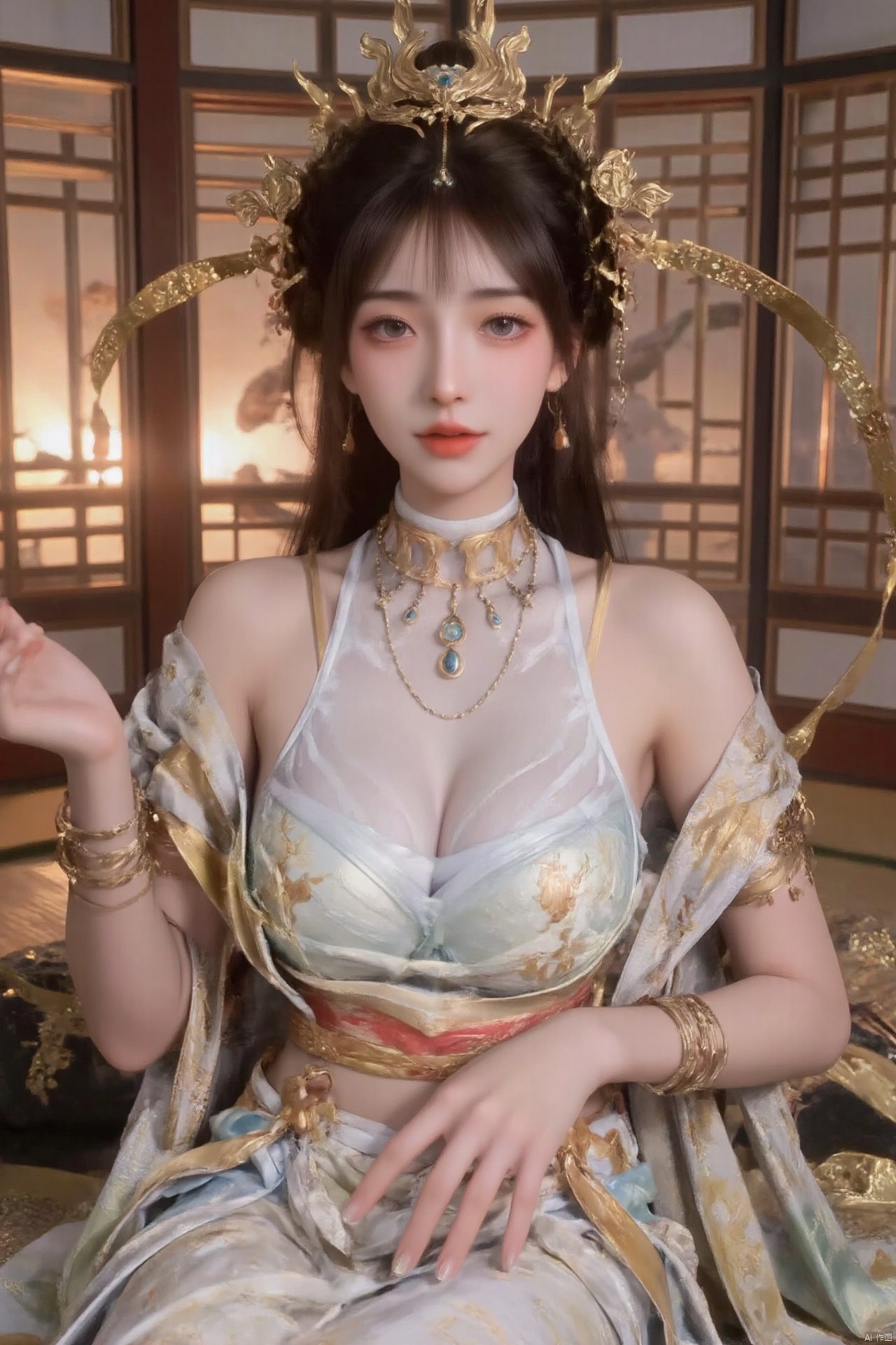Realistic photos, 1girl, fair skin, (big breasts:1.39), oiran headdress, (wearing Japanese kimono), beautiful and sexy, upper body, Japanese scene,