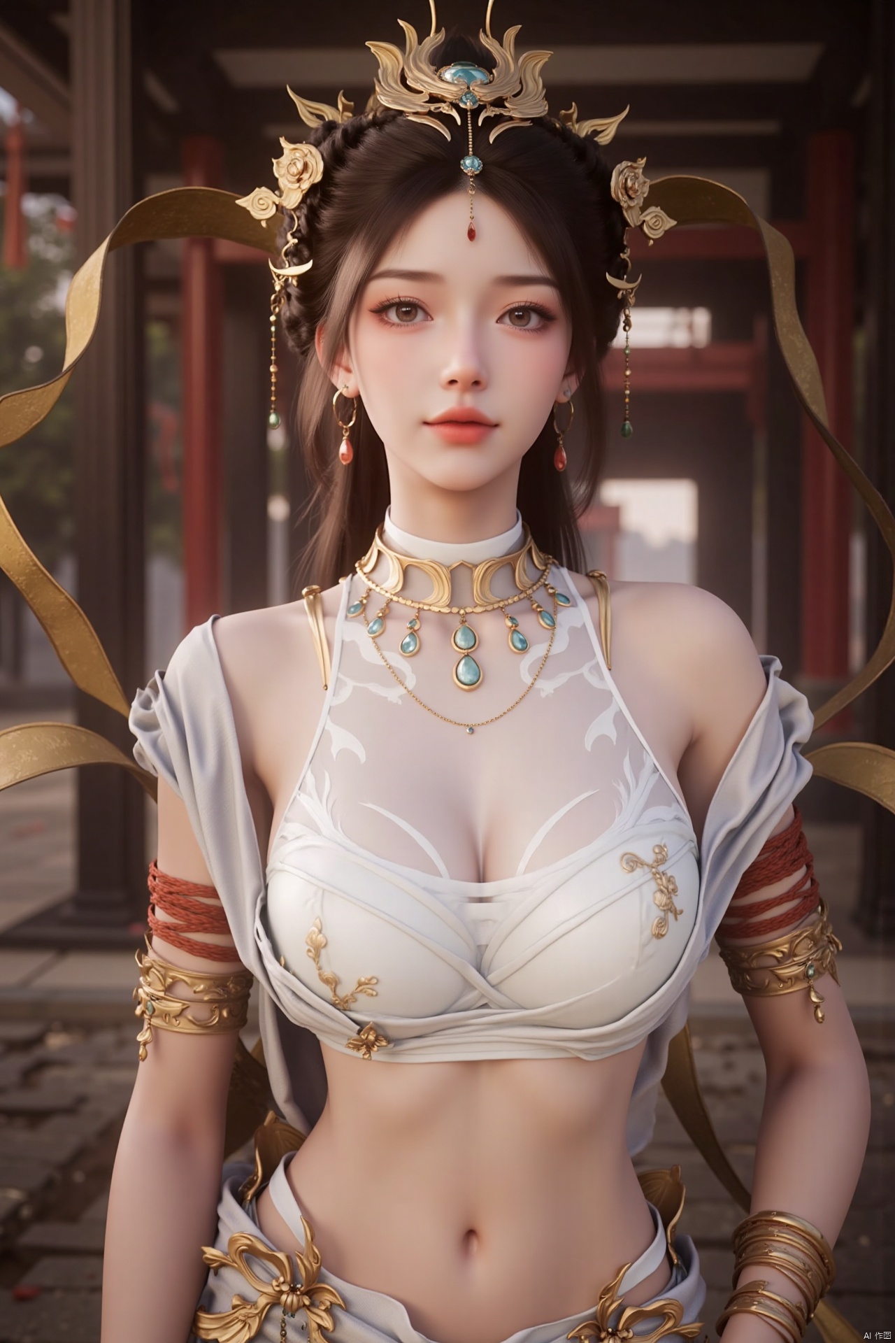 Realistic photos, 1girl, fair skin, (big breasts:1.39), oiran headdress, (wearing Japanese kimono), beautiful and sexy, upper body, Japanese scene,