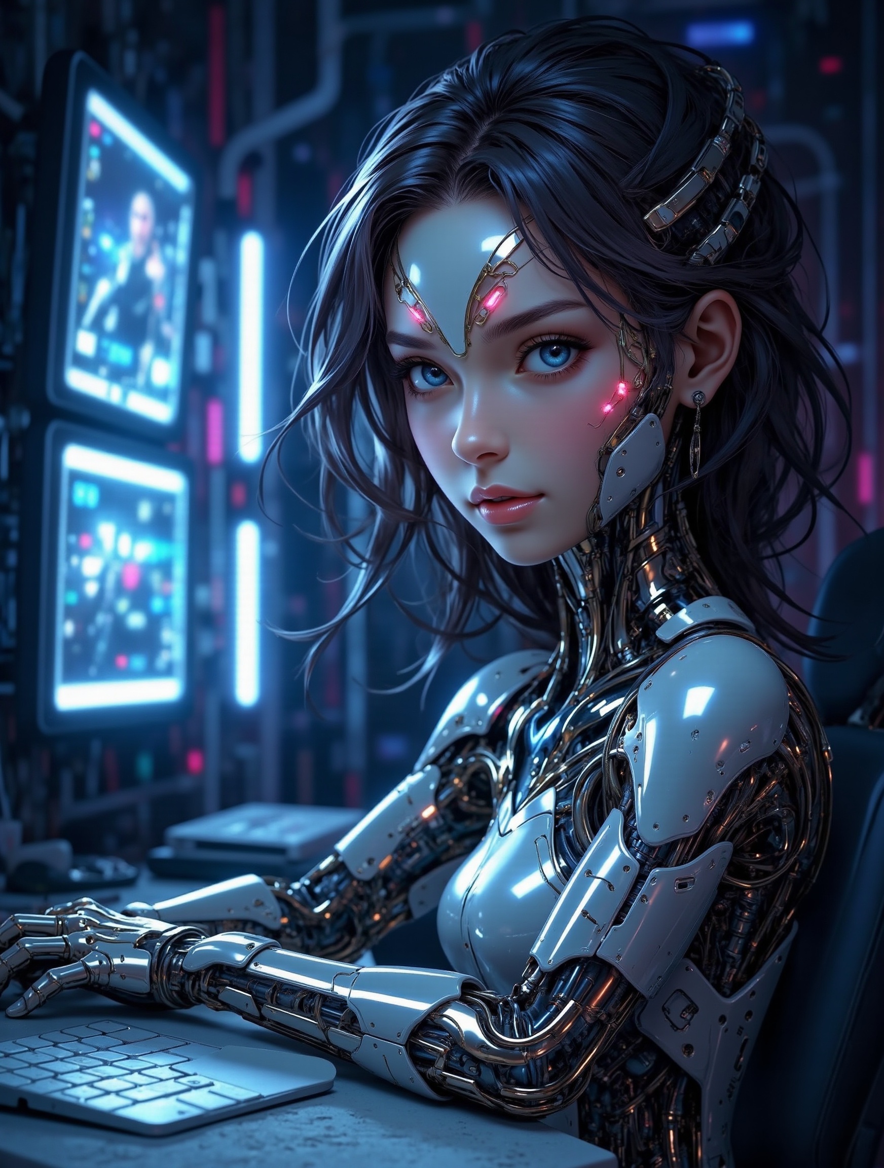 Close-up shot of a mesmerizing cyborg girl sitting on a futuristic desk,  surrounded by holographic screens and wires. Her...