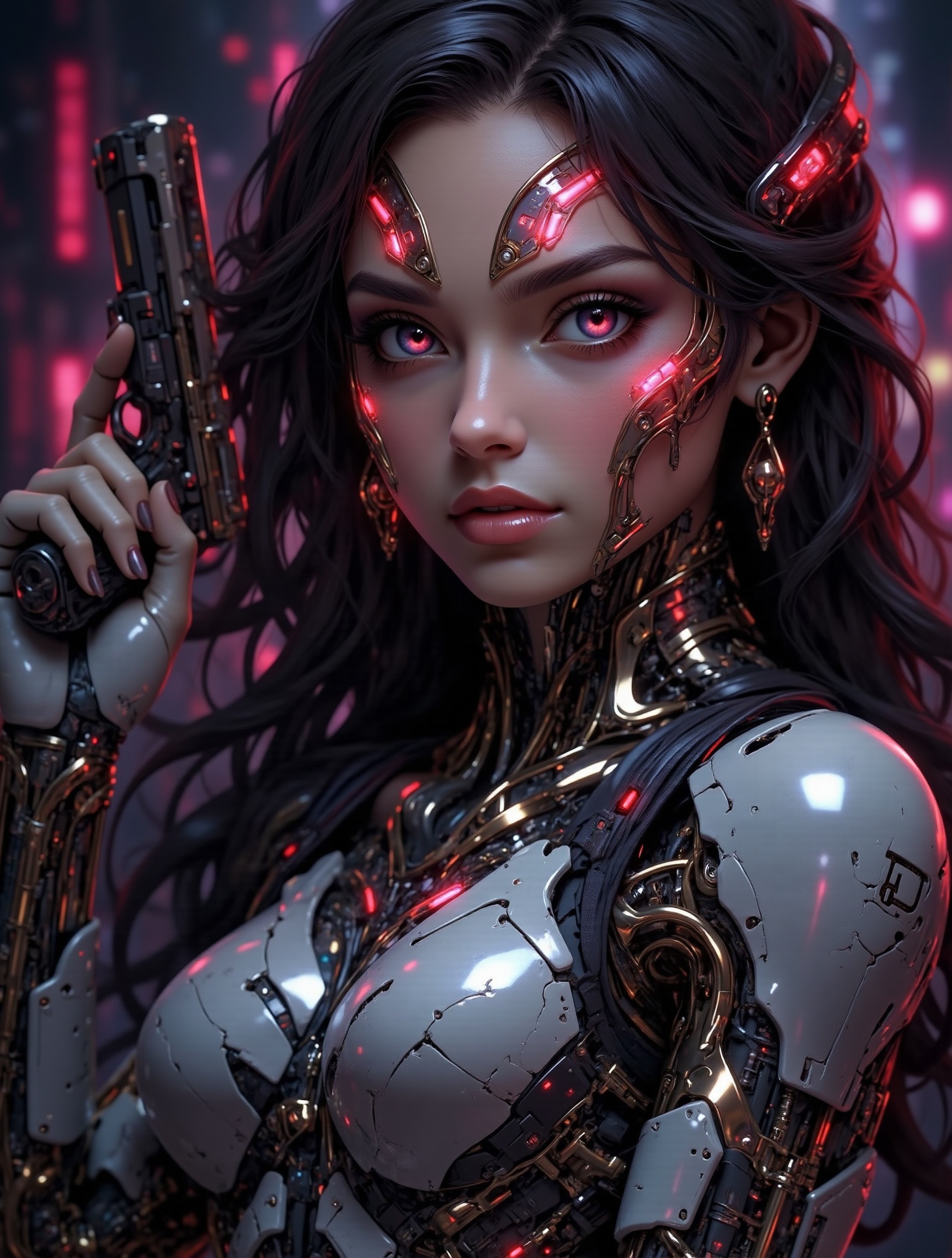 A cyberpunk girl with a pistol,  sporting implants on her body. A close-up shot of the girl's face,  with a hint of smoky...