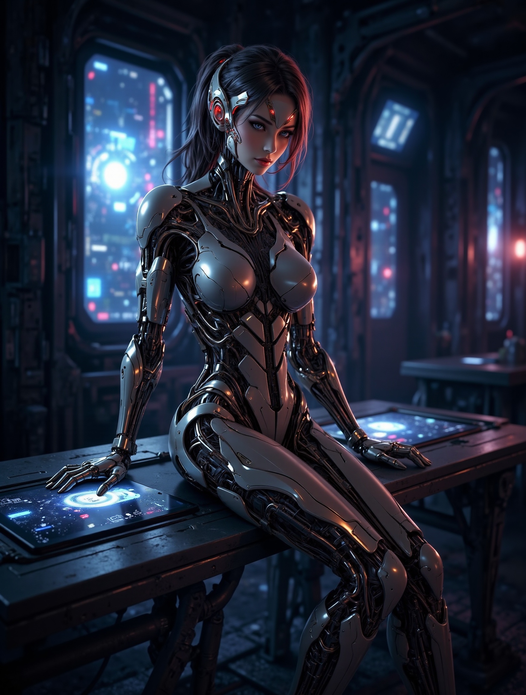 A cyberpunk scene unfolds as a sultry robot girl sits seductively on a sleek,  metallic table. The dimly lit room is bathe...