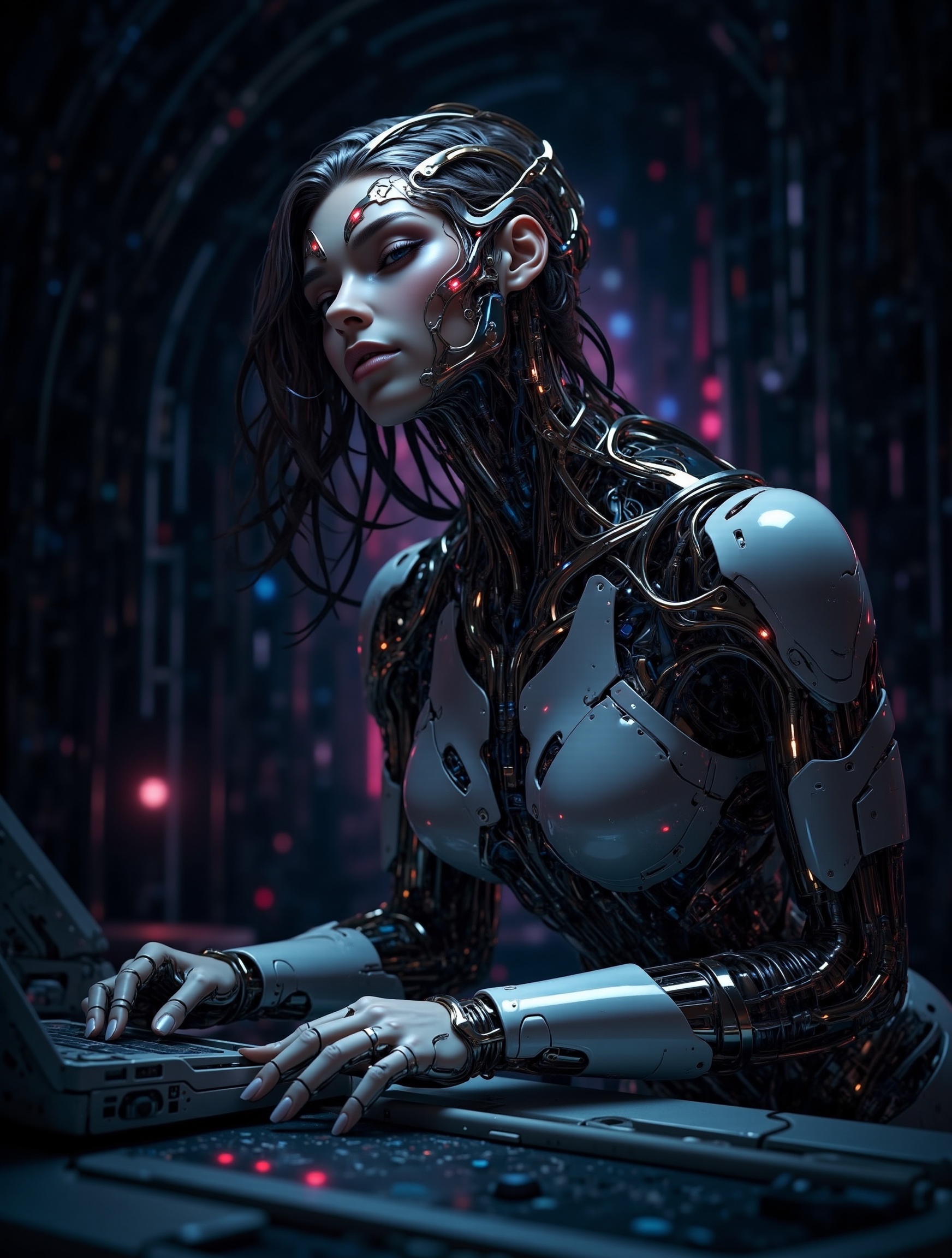 A close-up shot of a sultry cyborg girl,  'Mechanical Siren',  leaning seductively over a futuristic console on a sleek on...