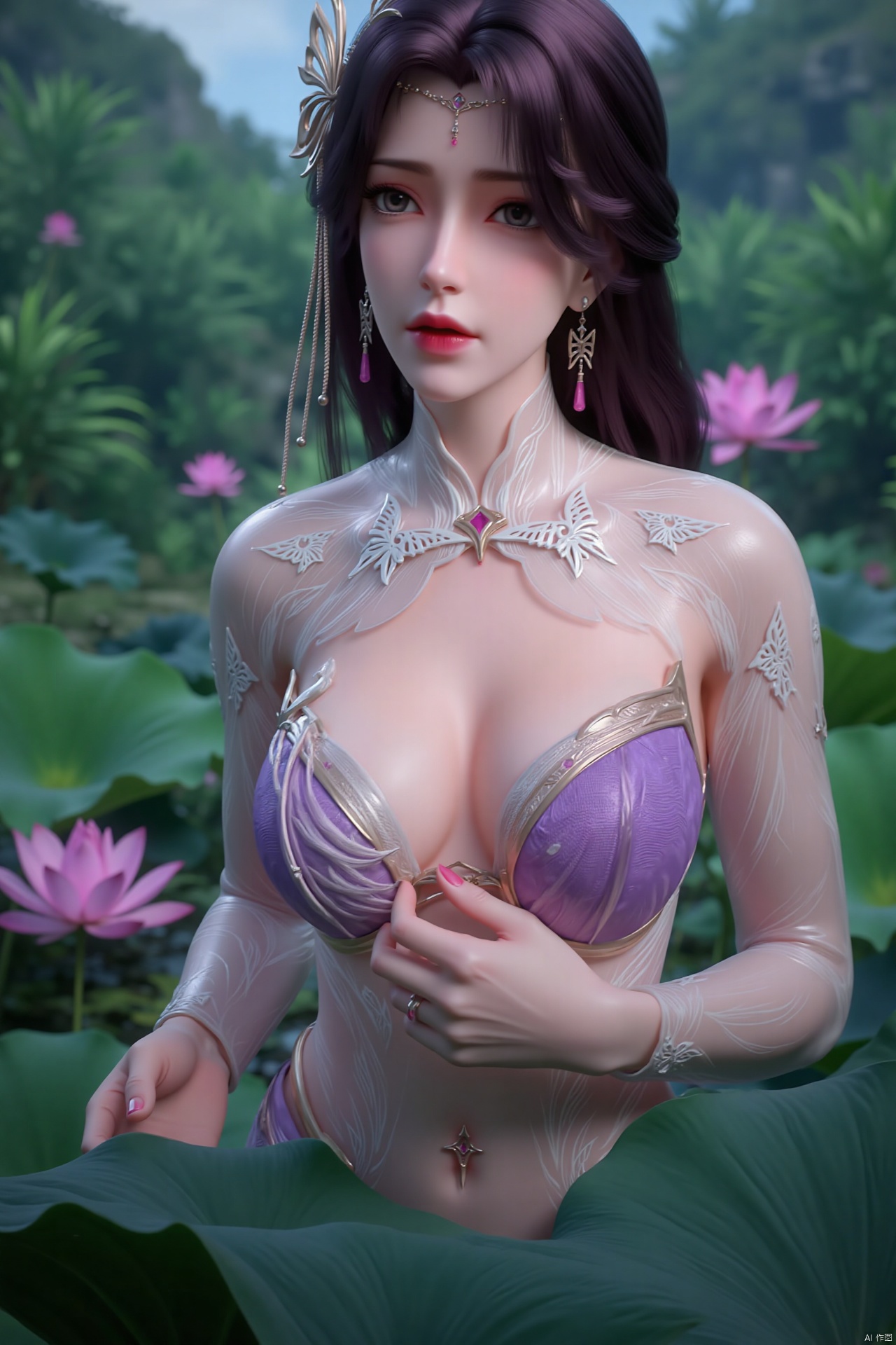masterpiece,(best quality),official art, (1girl), (solo), ((looking_at_viewer)),(huge breasts:2.69),(full breasts:1.99),Xzhaoliner,(Lotus pond, lotus:1.52)
,Xyunxi,XyunxiX,XshengcaierX,Xzhukeer,Xdacishuwang,Xhehuahanfu