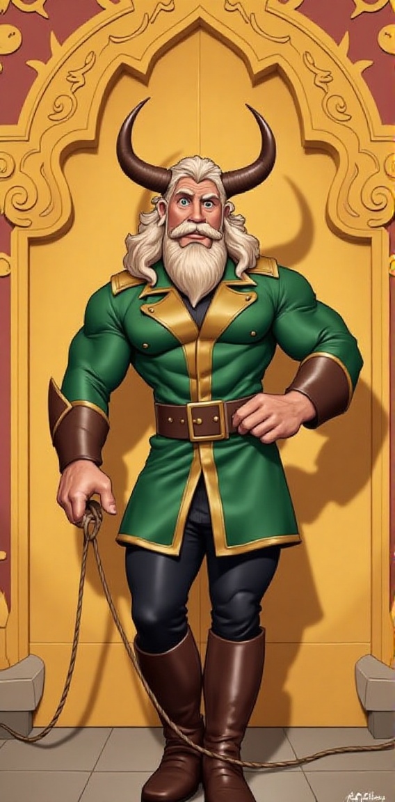 a cartoon depiction of a man dressed in a green and gold costume,  adorned with a large horn on his head. The man's face i...