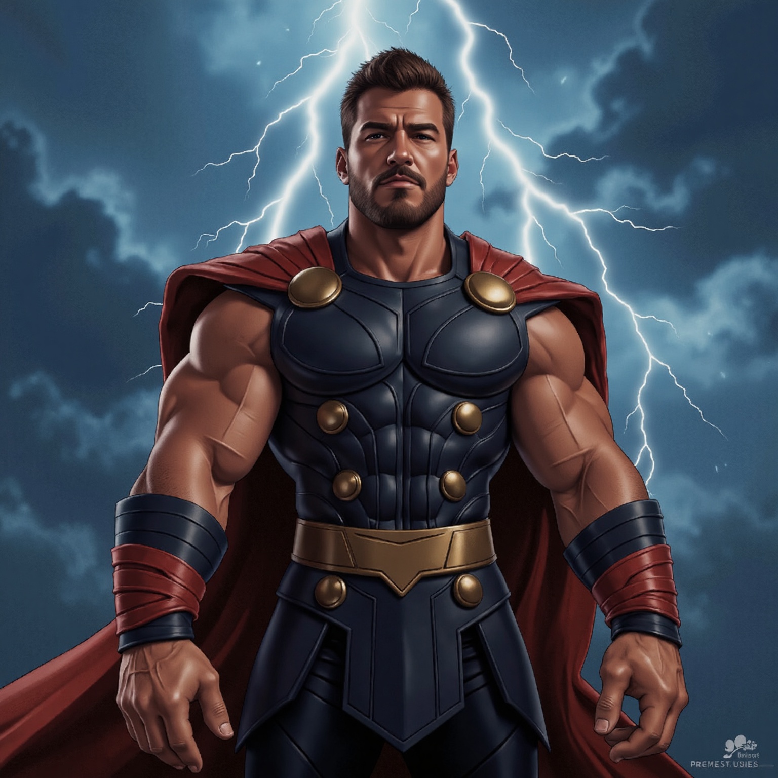 a man dressed in a Thor costume stands in front of a backdrop of thunderstorms. The man's costume is adorned with a red ca...