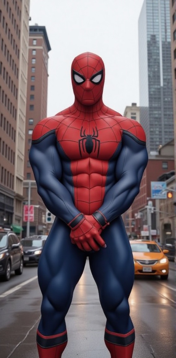 Captured at eye-level,  a close-up shot of the Spiderman,  stands on a wet sidewalk in a city. He is dressed in a blue and...
