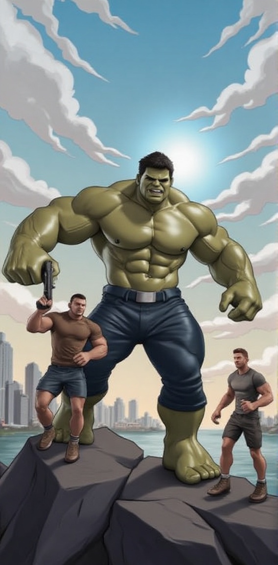 Captured at eye-level,  a cartoon depiction of the hulk,  standing on a rock formation. The hulk is facing the viewer on T...
