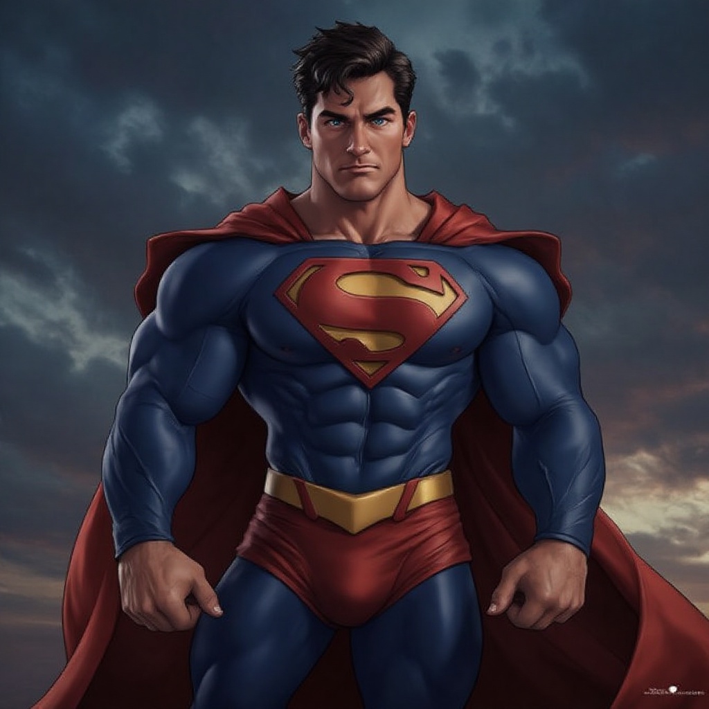 a cartoon depiction of Superman,  stands in front of a backdrop of a dark,  stormy sky. The Superman is dressed in a red a...