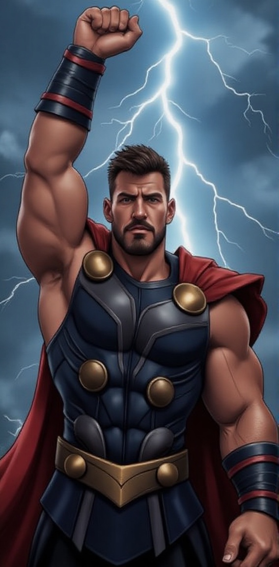 a man dressed in a Thor costume stands in front of a backdrop of thunderstorms. The man's costume is adorned with a red ca...