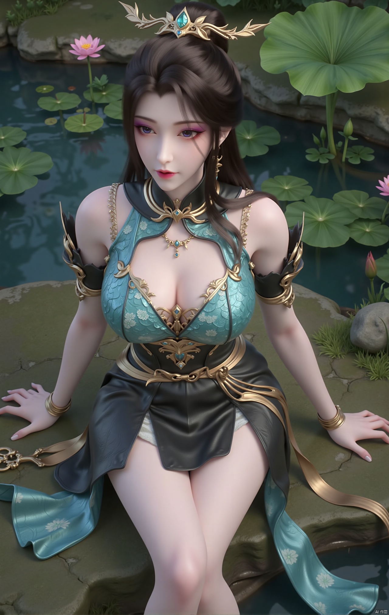  masterpiece,1girl,black hair,(Sitting by the lotus pond in the garden:1.3),(short dress:1.39),black eyes,beautiful face,short sleeves,holding flower,looking at viewer,(huge breasts:2.79),(full breasts:1.99),Xzhaoliner,Xyaoxi,Xsulingyun,XyunluoX,Xhenrendadi,Xlannuo,Xlongnv,Xruoshui,XyunluoH,Xyuzimo