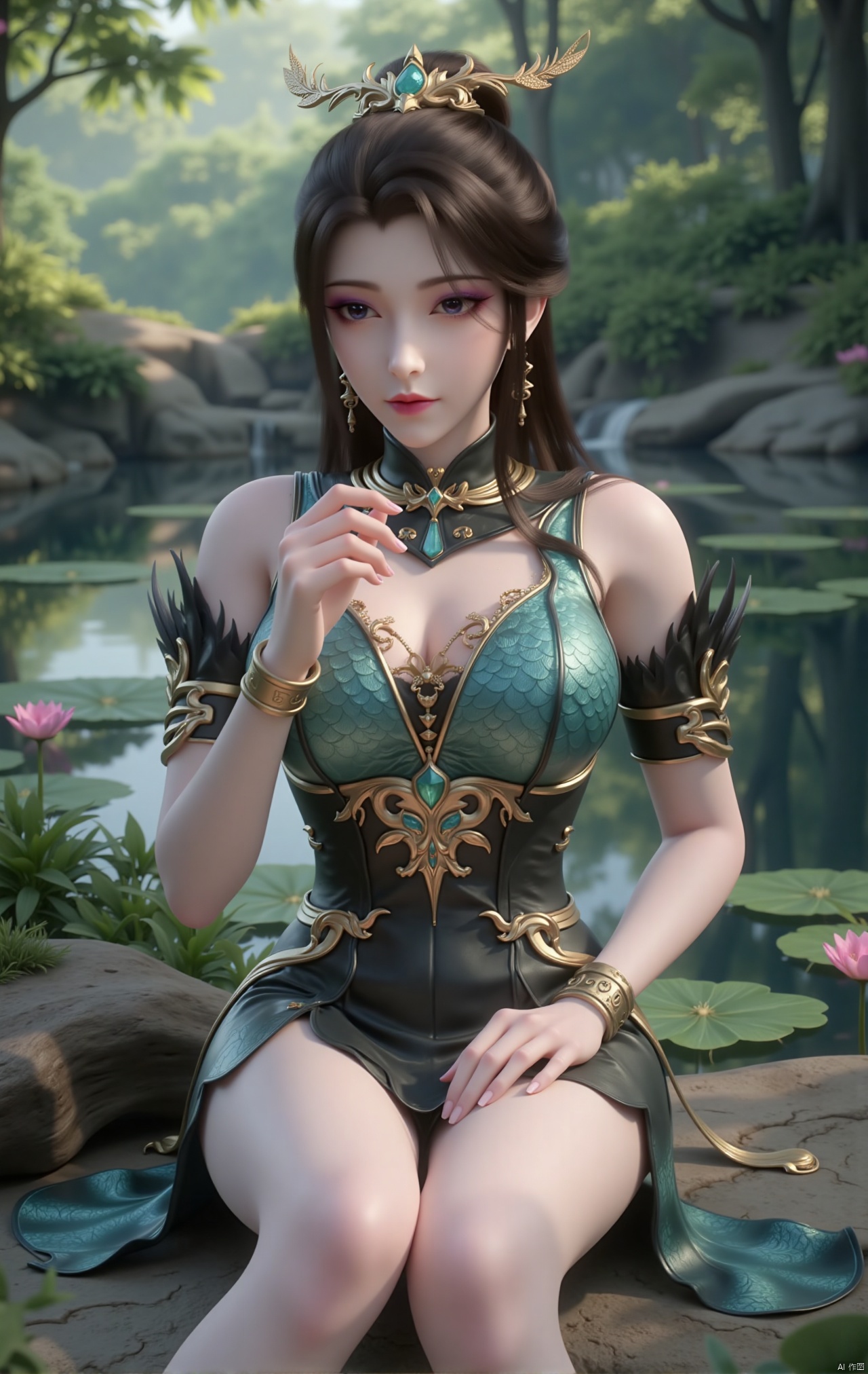  masterpiece,1girl,black hair,(Sitting by the lotus pond in the garden:1.3),(short dress:1.39),black eyes,beautiful face,short sleeves,holding flower,looking at viewer,(huge breasts:2.79),(full breasts:1.99),Xzhaoliner,Xyaoxi,Xsulingyun,XyunluoX,Xhenrendadi,Xlannuo,Xlongnv,Xruoshui,XyunluoH,Xyuzimo