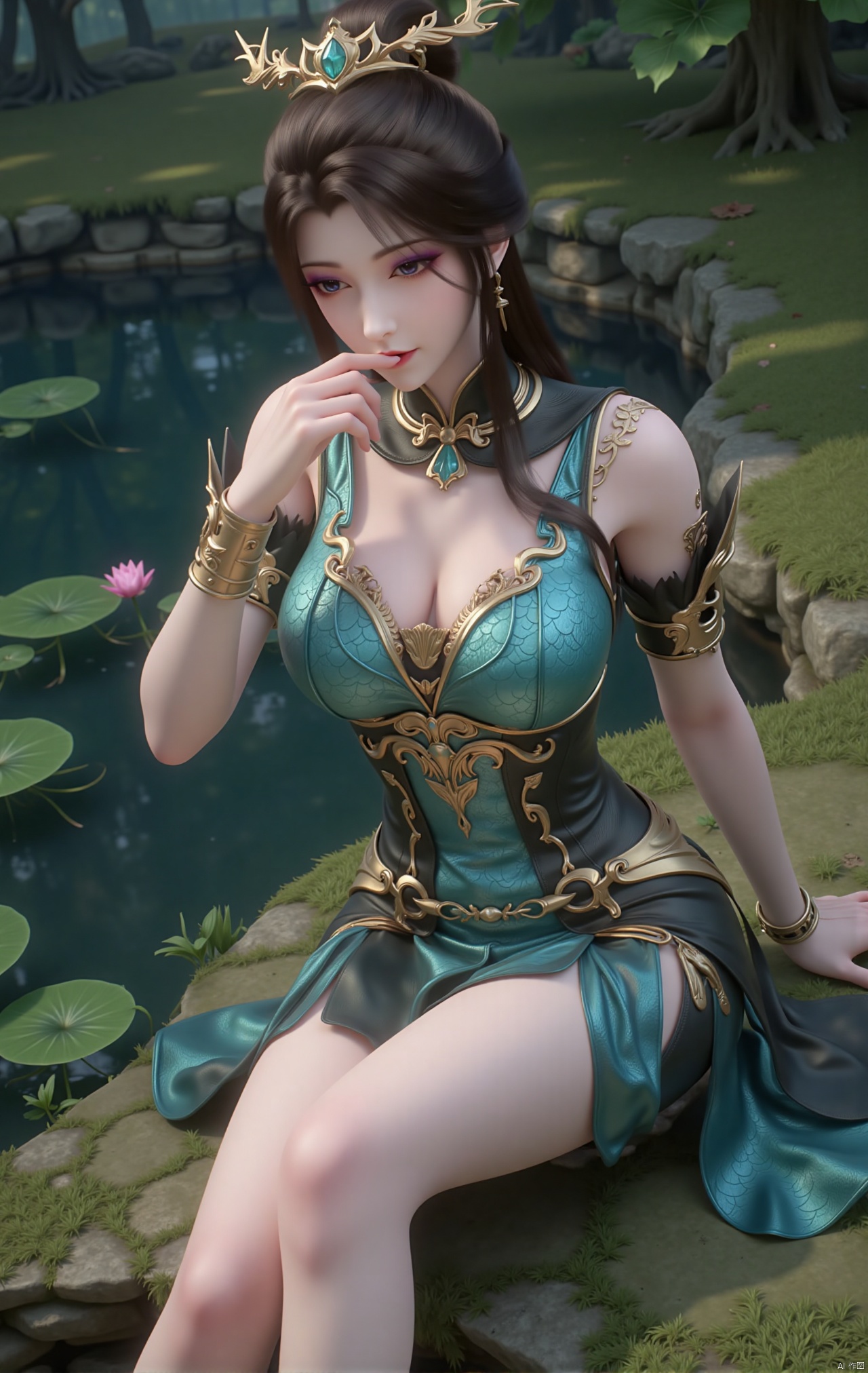  masterpiece,1girl,black hair,(Sitting by the lotus pond in the garden:1.3),(short dress:1.39),black eyes,beautiful face,short sleeves,holding flower,looking at viewer,(huge breasts:2.79),(full breasts:1.99),Xzhaoliner,Xyaoxi,Xsulingyun,XyunluoX,Xhenrendadi,Xlannuo,Xlongnv,Xruoshui,XyunluoH,Xyuzimo