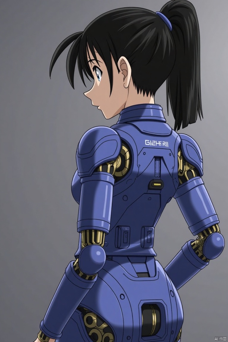 gzly,1girl,solo,cyberpunk,ponytail,looking at viewer,black hair,science fiction,upper body,joints,masterpiece, best quality,Detective Conan Style