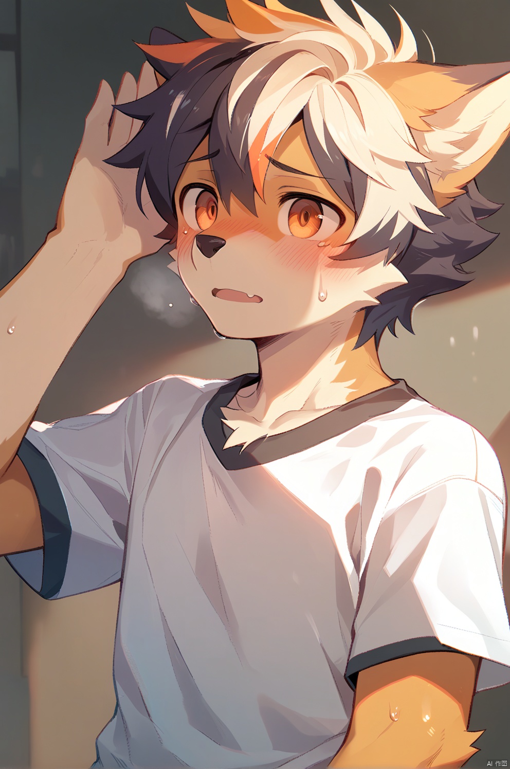 solo, blush, short hair, shirt, 1boy, animal ears, closed mouth, upper body, male focus, multicolored hair, sweat, hand up, orange eyes, dog ears, furry, furry male, snout, dog boy,body fur,anthro
