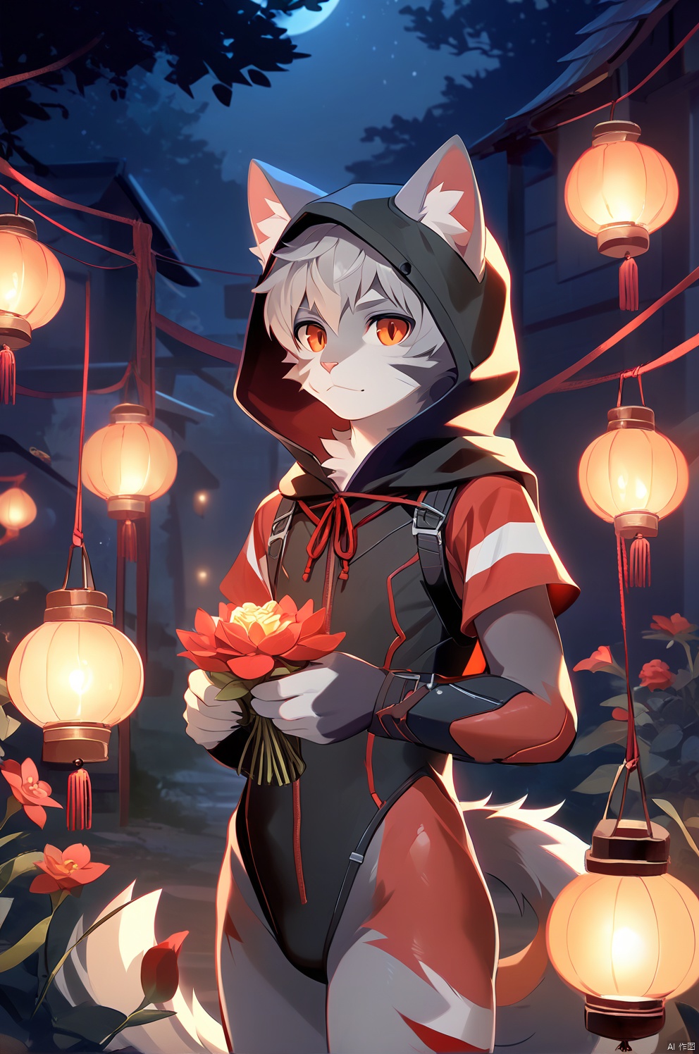 solo, short hair, 1boy, holding, animal ears, standing, tail, flower, grey hair, male focus, cowboy shot, outdoors, cat ears, hood, orange eyes, night, glowing, red flower, furry, lantern, holding flower, furry male, body fur, white fur, cat boy, grey fur,body fur,anthro, (black sleeveless ((red stripes) bodysuit)),