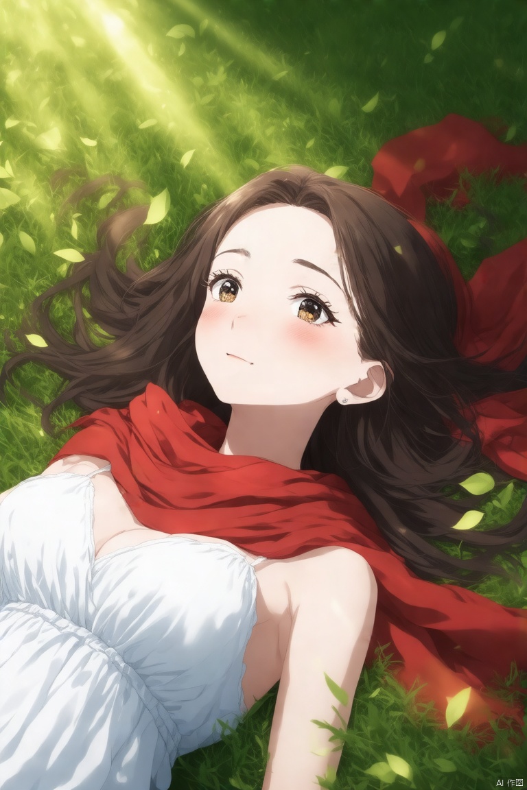 (a girl lying down on green grass,white dress,red scarf,beautiful detailed eyes,beautiful detailed lips,extremely detailed eyes and face,long eyelashes,serene expression,relaxed pose,side view,flowing hair,lush background,vibrant scenery,sunlight through leaves,serene atmosphere,best quality,4k,8k,highres,masterpiece:1.2,ultra-detailed,realistic,photorealistic,photo-realistic:1.37,HDR,UHD,studio lighting,ultra-fine painting,sharp focus,physically-based rendering,extreme detail description,professional,vivid colors,bokeh,pastel colors,warm light,soft shadows,summer day)