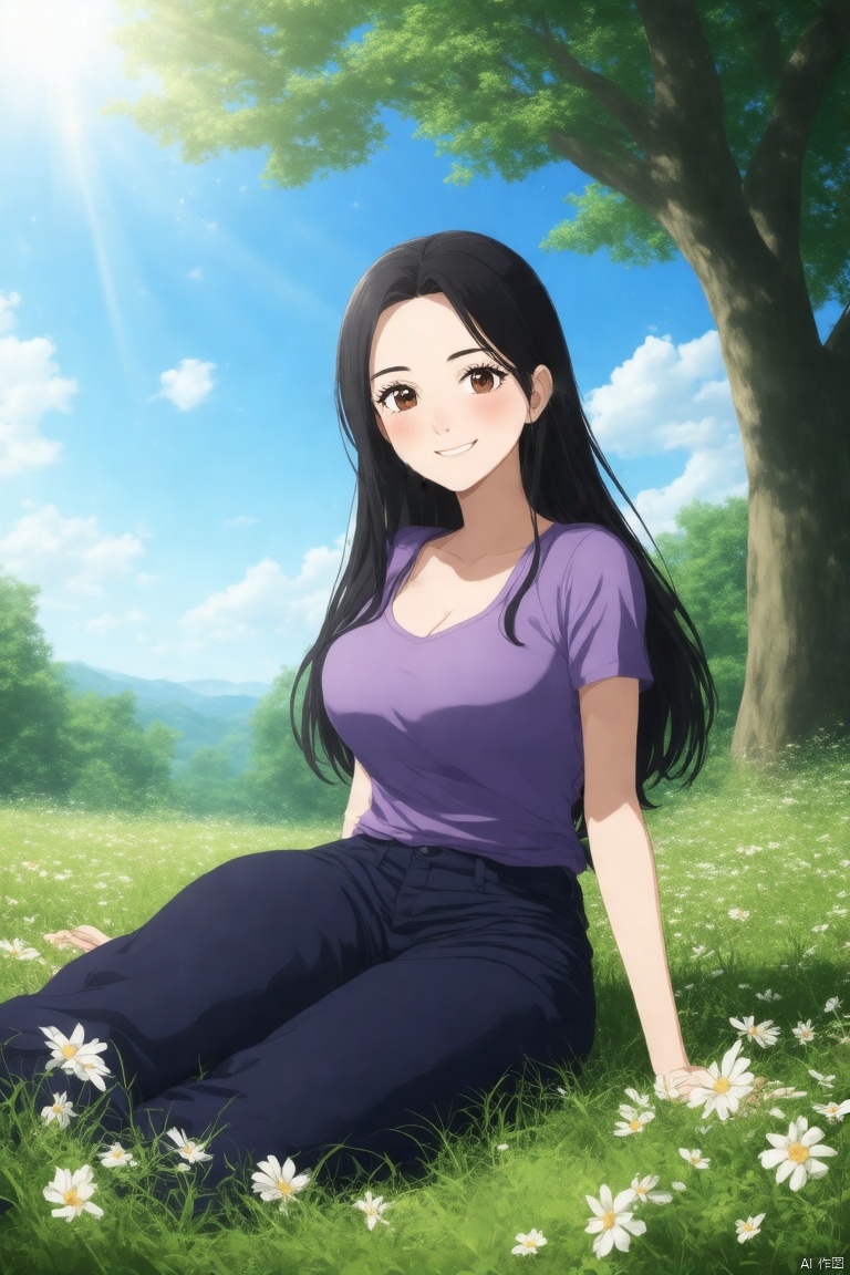 (best quality,4k,8k,highres,masterpiece:1.2),ultra-detailed,(realistic,photorealistic,photo-realistic:1.37),long black hair,brown eyes,purple top,dark pants,sitting outdoors,sunny day,clear blue sky,green trees background,beautiful detailed eyes,beautiful detailed lips,extremely detailed face,long eyelashes,relaxed expression,smiling slightly,soft sunlight,gentle breeze,flowers in the foreground,grass beneath,shadows under the trees,peaceful atmosphere,serene environment,calm and tranquil,summer afternoon,soft shadows,light and airy,photography,portrait,natural light,rich colors,vivid greens,blue and purple tones,harmonious color palette,sharp focus,bokeh,physically-based rendering,ultra-fine painting