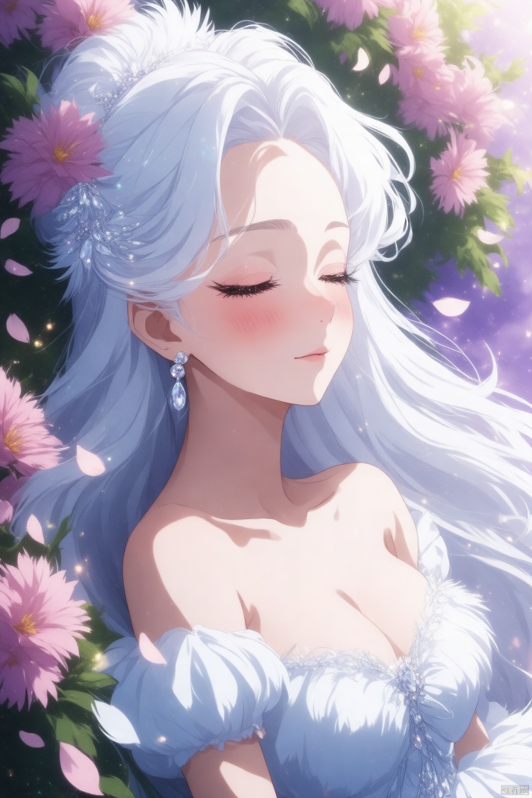 Masterpiece,Dazzling multicolored light,ultra detailed,A girl.,In the flowers,**** a sleeping princess,Earrings,White feather tulle,Long white eyelashes,Extra-long hair is slightly curly,White hair,(Hair takes up the entire frame),a charming face,Glowing lips,clavicle,Shoulder exposure,Floating petals,Dreamy and beautiful,The characters are thick and painted.,Fine strokes,Wallpaper,The background is graded with white and purple,anime aesthetic,Poolcoreanime beauty,Hyperrealism,sparkle,textured skin,super detail,best quality,8k, ,