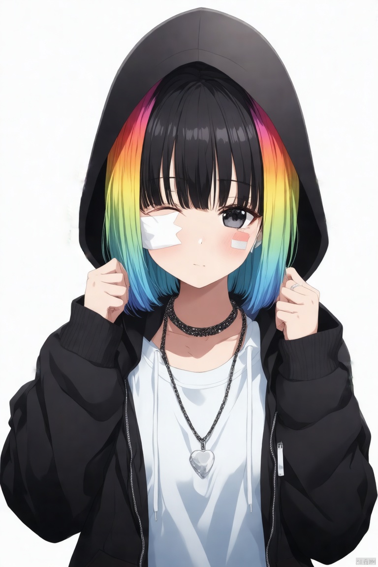 A girl looking at the viewer,short hair with bangs,dual colored black and multicolored hair,long sleeves,white simple background,holding hair between eyes,jewelry,closed mouth,jacket,upper body,necklace,hood,black eyes,gray eyes,hoodie,band-aid on face,hooded jacket,zipper,drawstring,zipper pull,black hoodie,(best quality,4k,8k,highres,masterpiece:1.2),ultra-detailed,(realistic,photorealistic,photo-realistic:1.37),HDR,UHD,studio lighting,sharp focus,physically-based rendering,extreme detail description,professional,vivid colors,bokeh,portraits