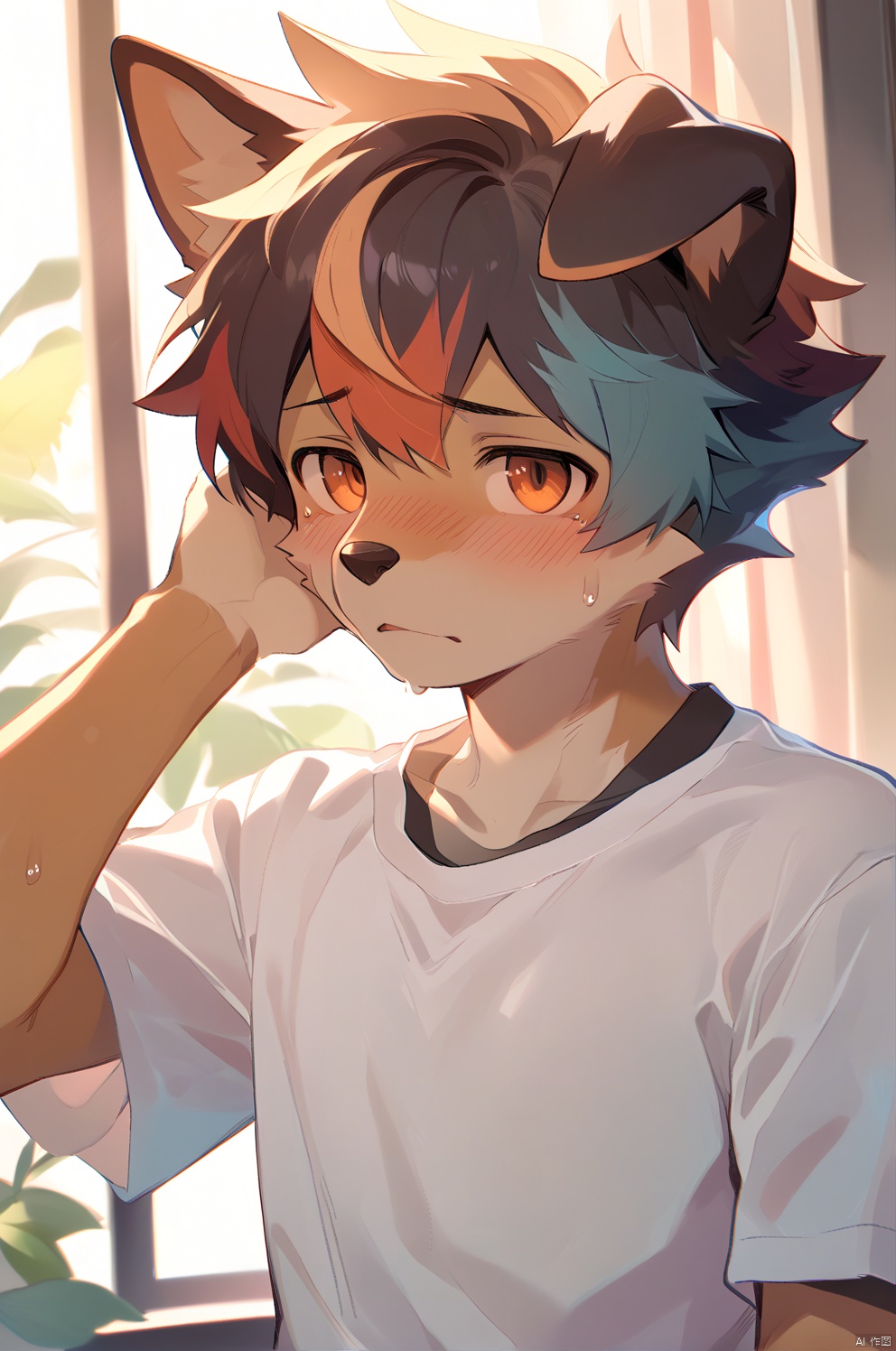 solo, blush, short hair, shirt, 1boy, animal ears, closed mouth, upper body, male focus, multicolored hair, sweat, hand up, orange eyes, dog ears, furry, furry male, snout, dog boy,body fur,anthro