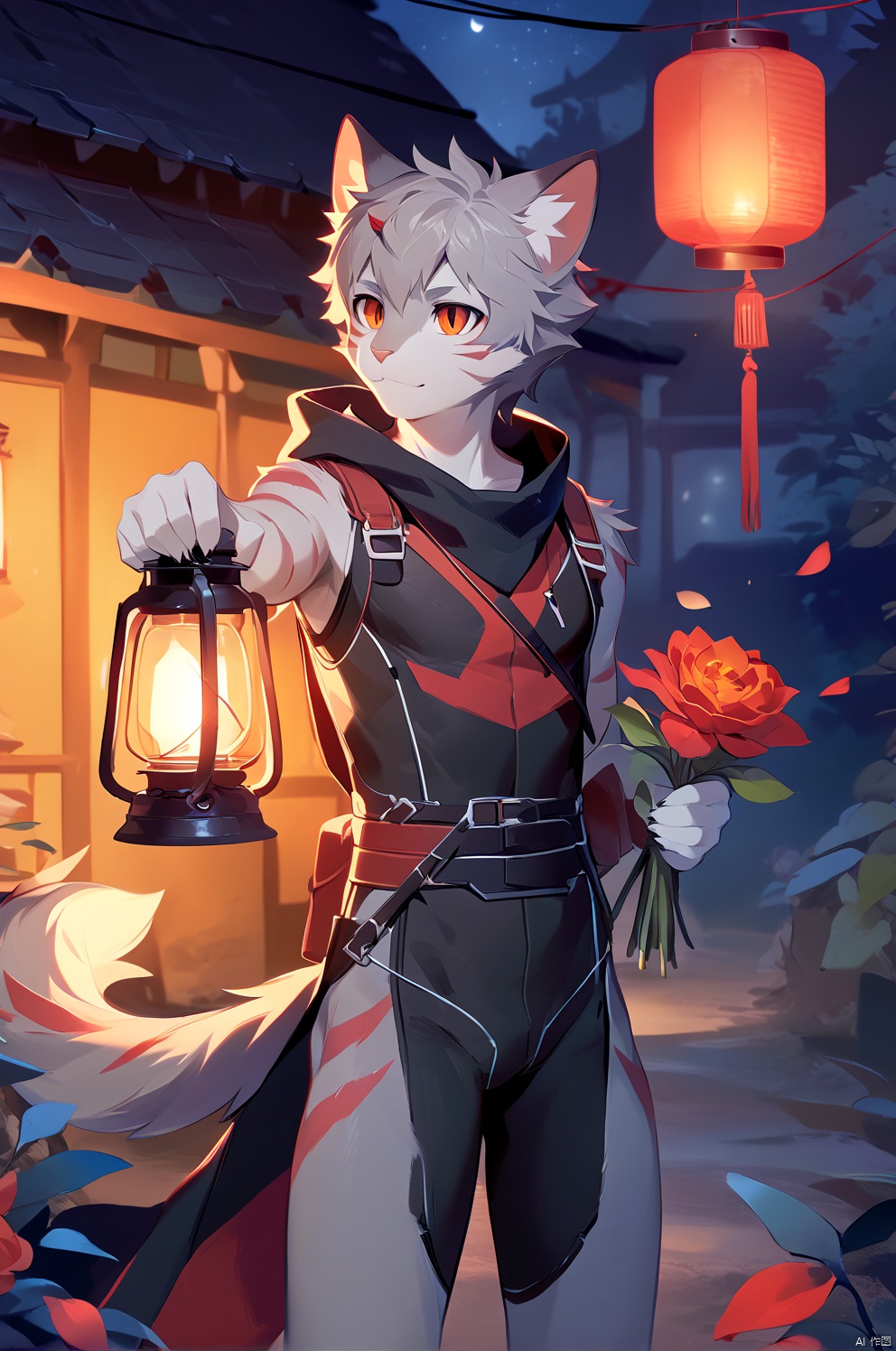 solo, short hair, 1boy, holding, animal ears, standing, tail, flower, grey hair, male focus, cowboy shot, outdoors, cat ears, hood, orange eyes, night, glowing, red flower, furry, lantern, holding flower, furry male, body fur, white fur, cat boy, grey fur,body fur,anthro, (black sleeveless ((red stripes) bodysuit)),