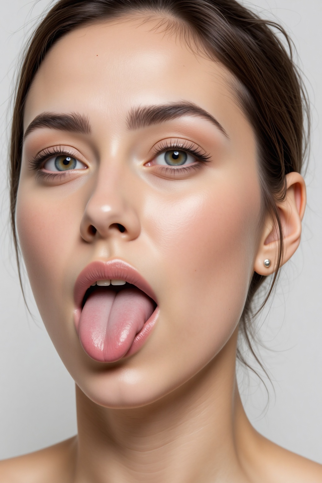 A close-up eye-level shot of a woman's face,  angled towards the left side of the frame. Her eyes are a piercing blue,  an...
