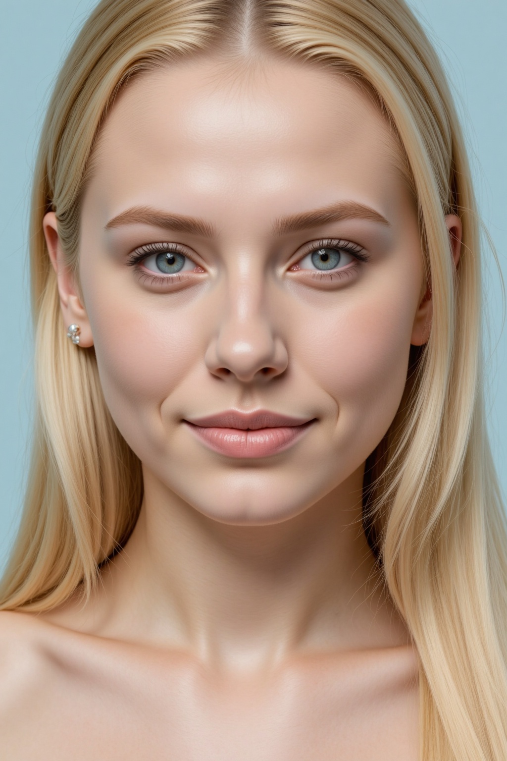 A close-up portrait of a blonde woman with blue eyes. Her blonde hair is long and cascades down to her shoulders. Her eyes...