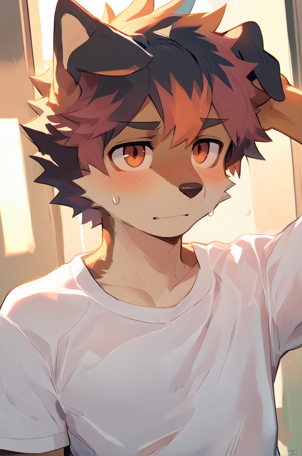 solo, blush, short hair, shirt, 1boy, animal ears, closed mouth, upper body, male focus, multicolored hair, sweat, hand up, orange eyes, dog ears, furry, furry male, snout, dog boy,body fur,anthro