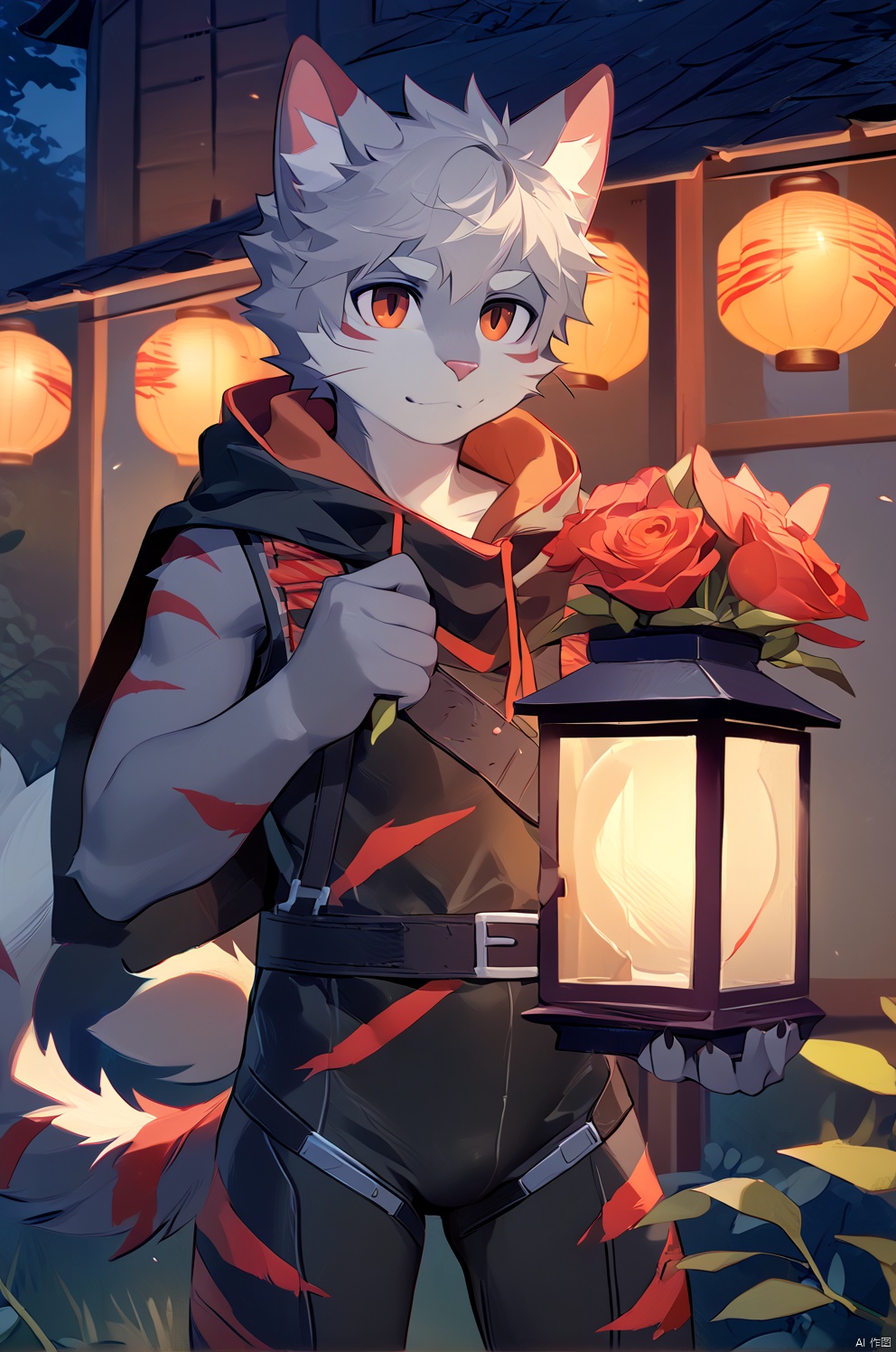 solo, short hair, 1boy, holding, animal ears, standing, tail, flower, grey hair, male focus, cowboy shot, outdoors, cat ears, hood, orange eyes, night, glowing, red flower, furry, lantern, holding flower, furry male, body fur, white fur, cat boy, grey fur,body fur,anthro, (black sleeveless ((red stripes) bodysuit)),