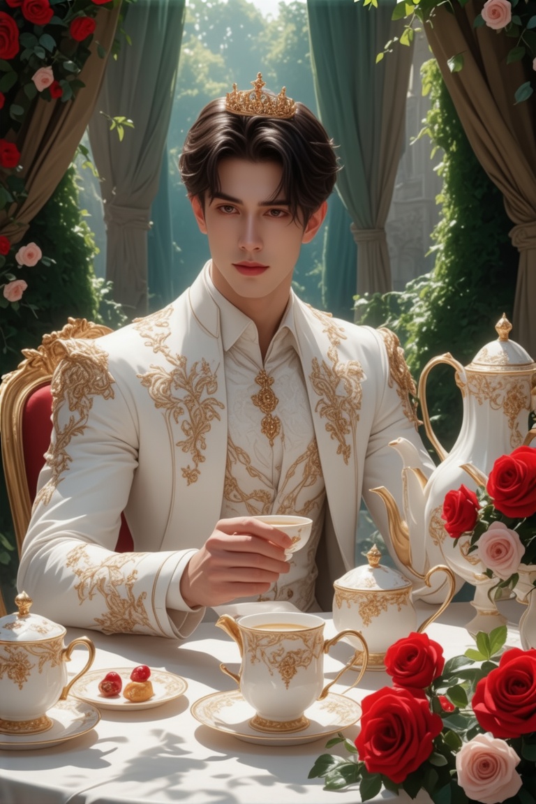 A fantasy scene set in a lush,  enchanted garden during a majestic royal tea time. The central figure is a stunning young...