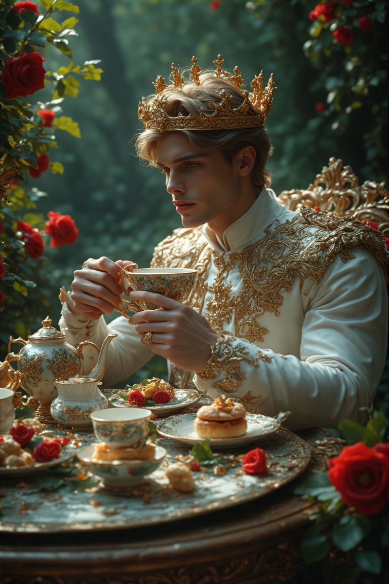 A fantasy scene set in a lush,  enchanted garden during a majestic royal tea time. The central figure is a stunning young...