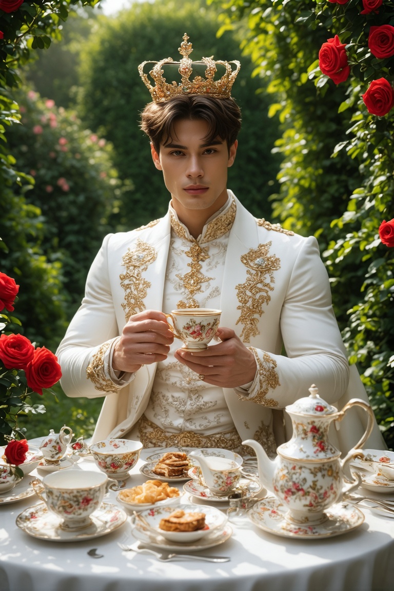 A fantasy scene set in a lush,  enchanted garden during a majestic royal tea time. The central figure is a stunning young...