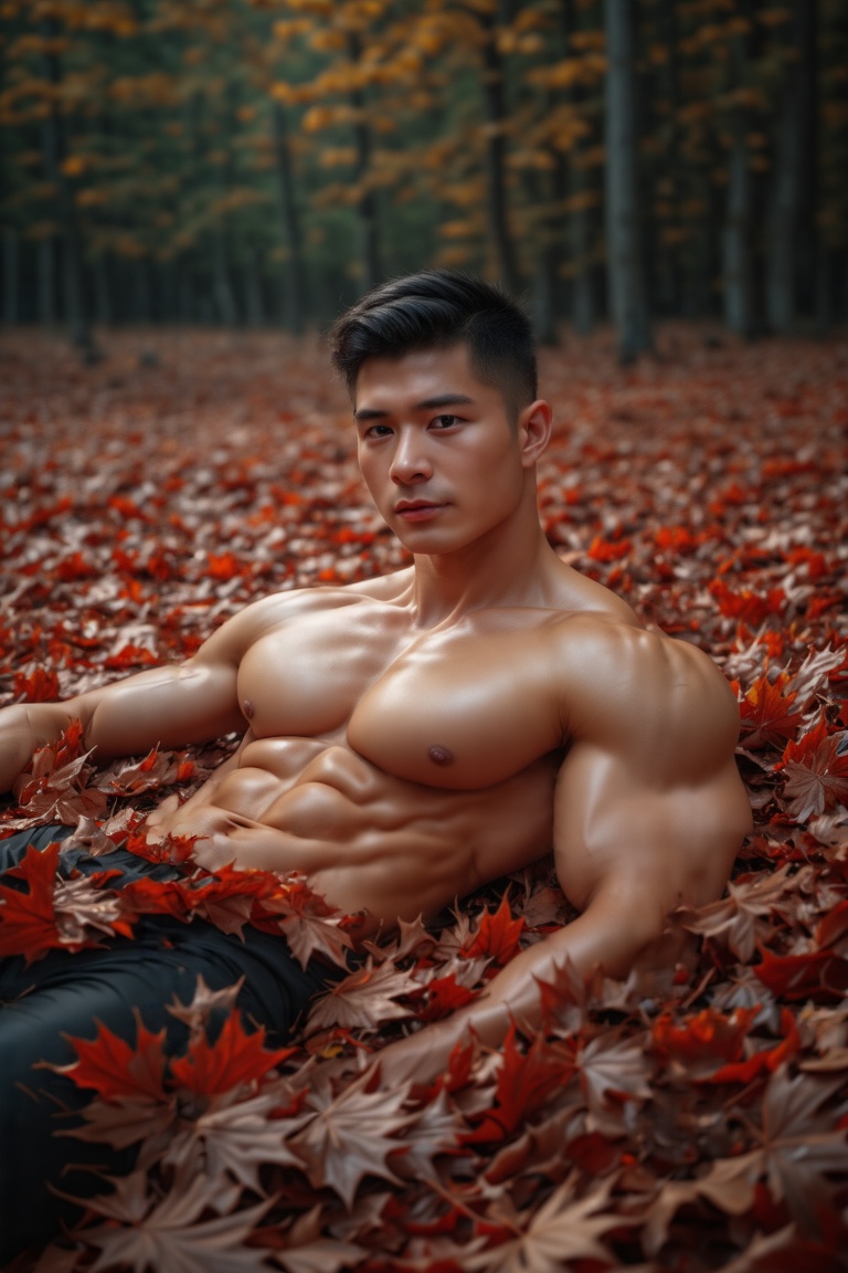 Photorealistic 8k RAW photo of a full-body muscular man with a handsome face and tan skin,  sporting short black hair and...