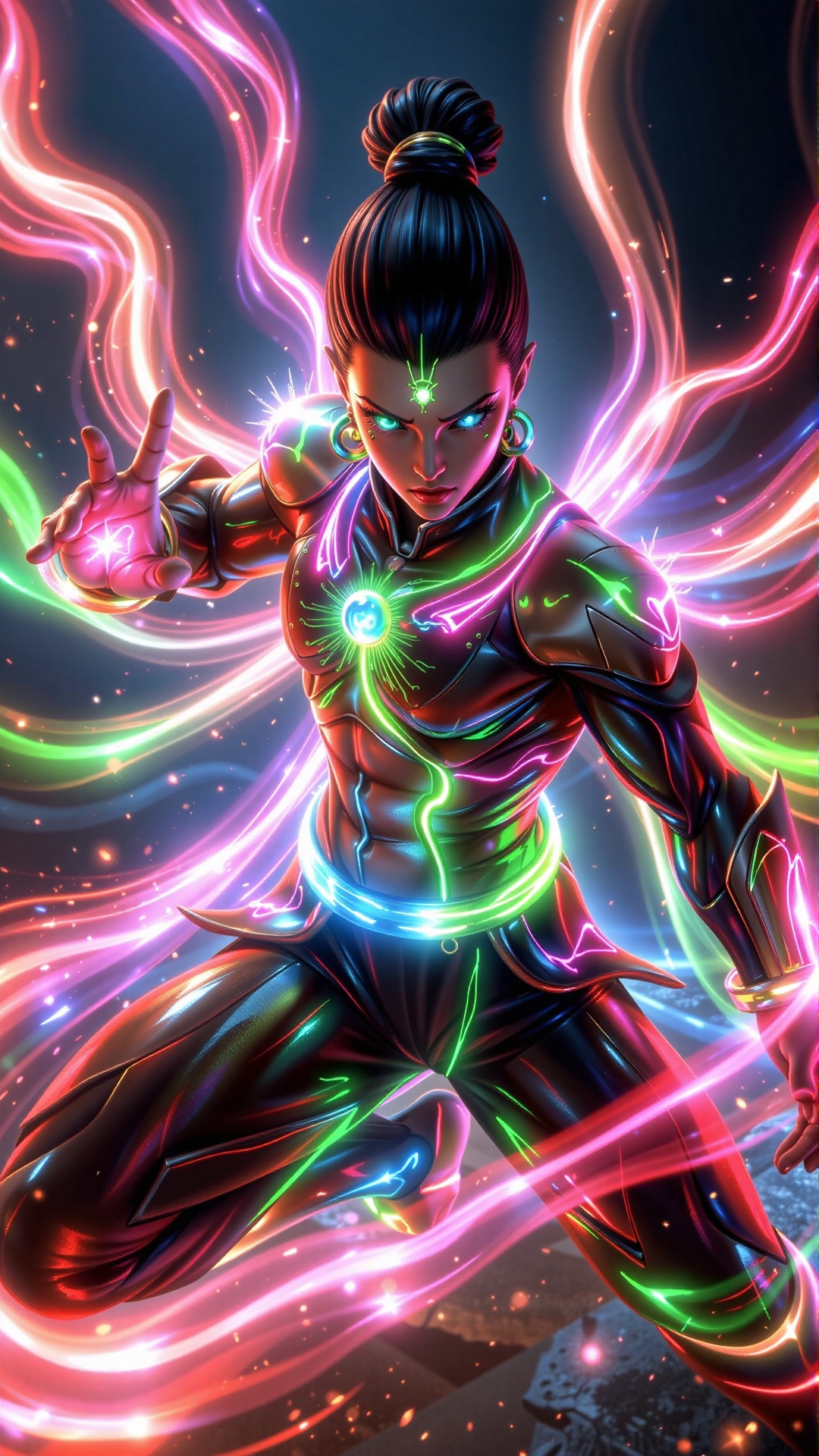 A CGI character surrounded by flowing,  glowing chakra in radiant red,  green on Tensor.Art