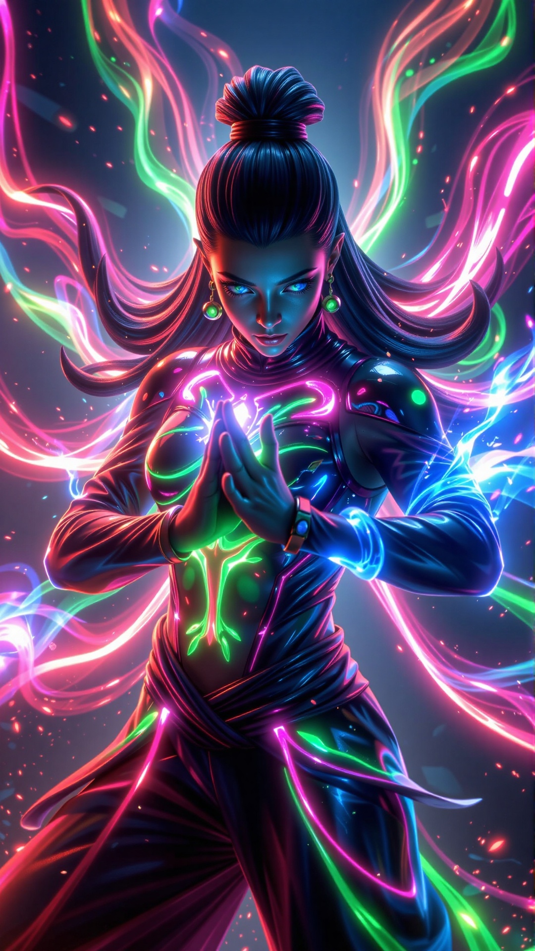 A CGI character surrounded by flowing,  glowing chakra in radiant red,  green on Tensor.Art