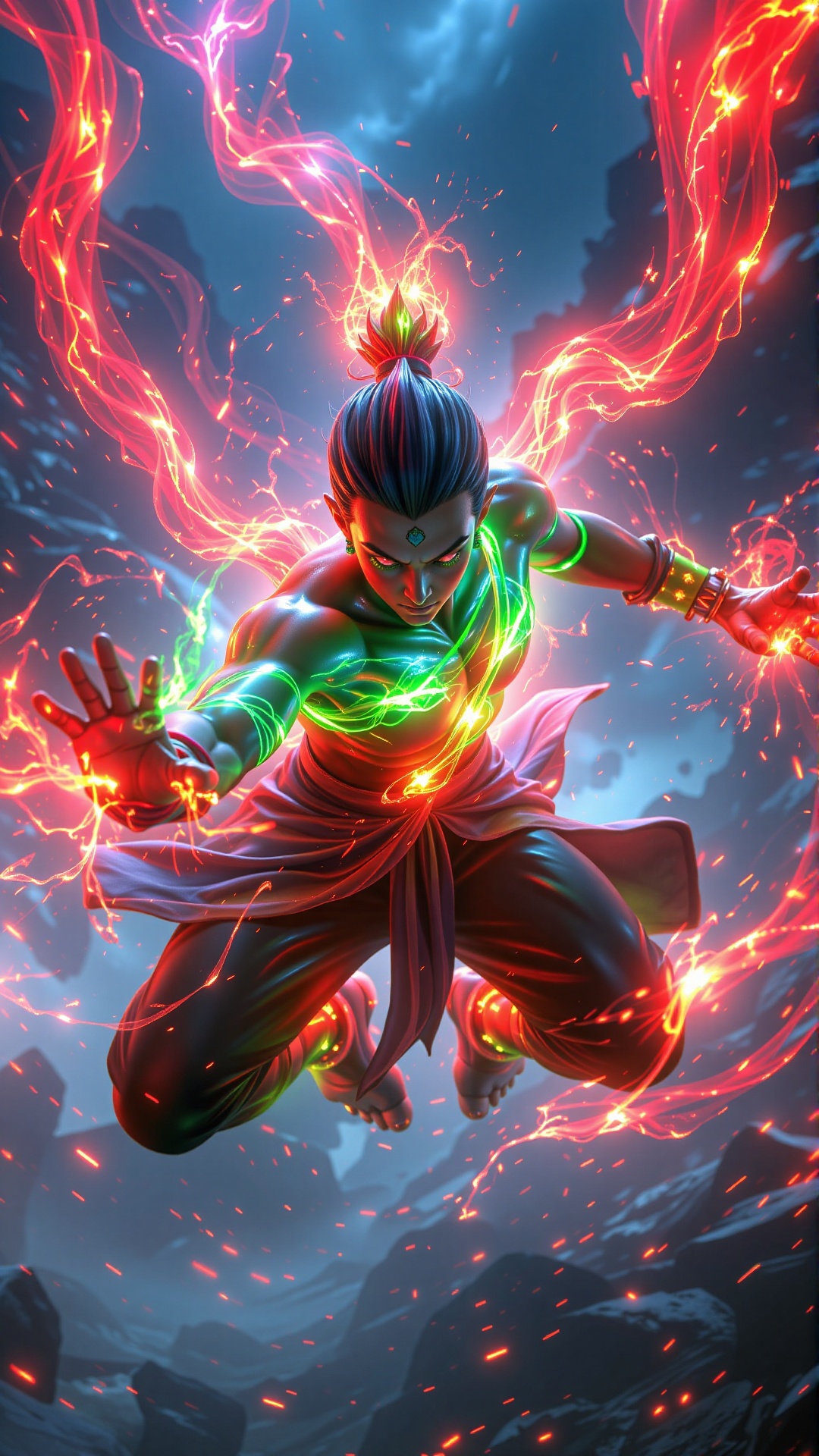 A CGI character surrounded by flowing,  glowing chakra in radiant red,  green on Tensor.Art
