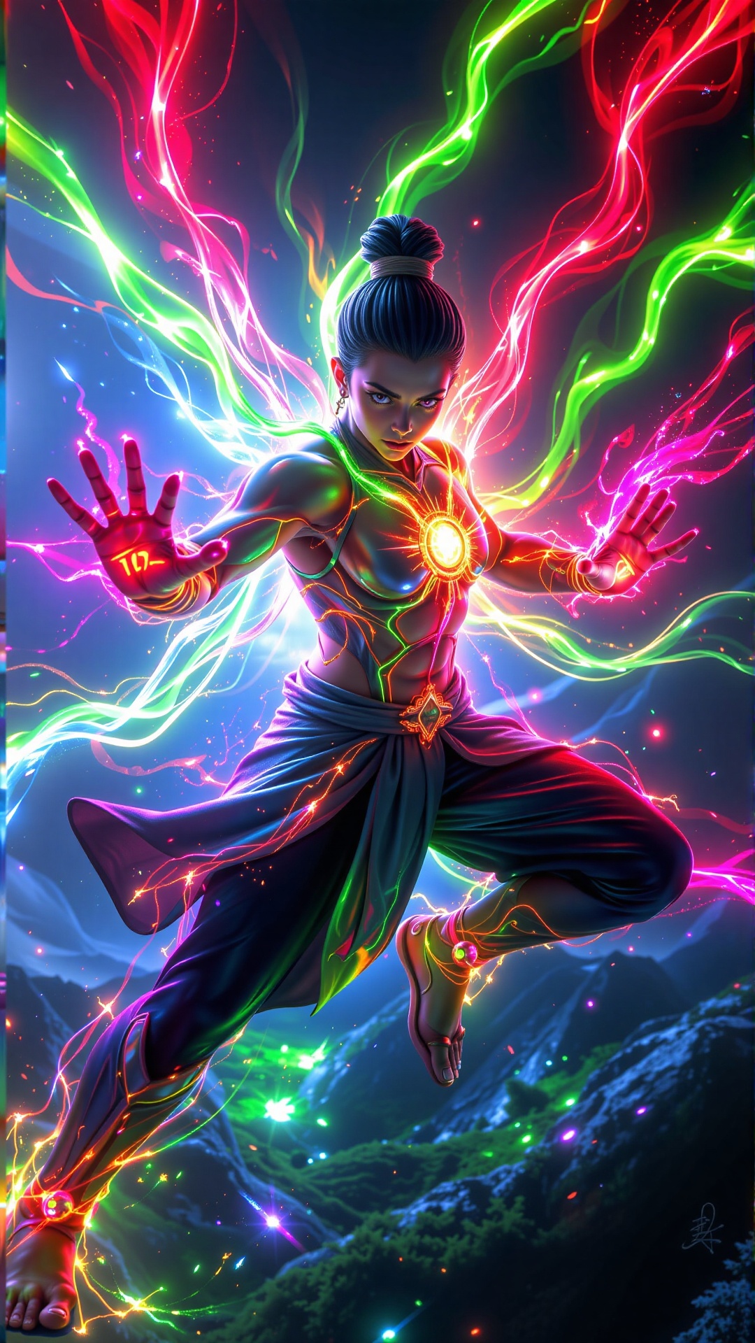 A CGI character surrounded by flowing,  glowing chakra in radiant red,  green on Tensor.Art