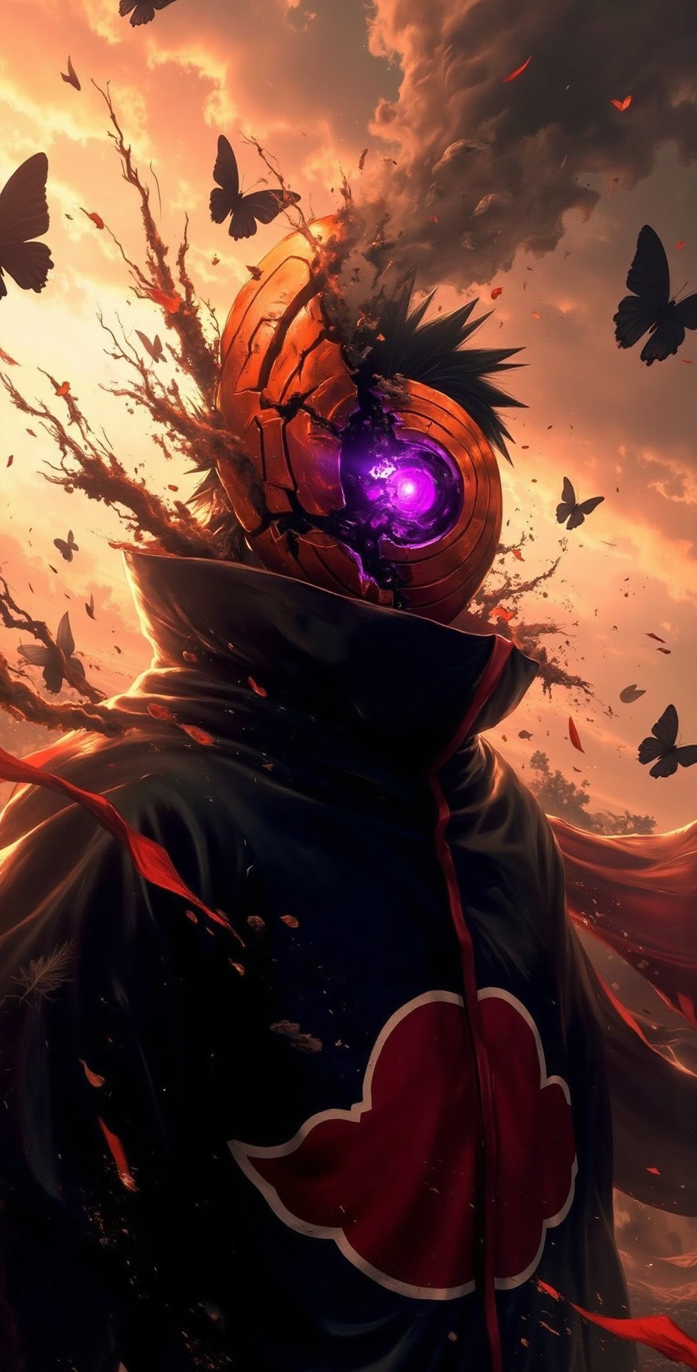 A powerful digital artwork of a mysterious Tobi Akatsuki in mid-battle pose with spiky black hair,  wearing a long black c...