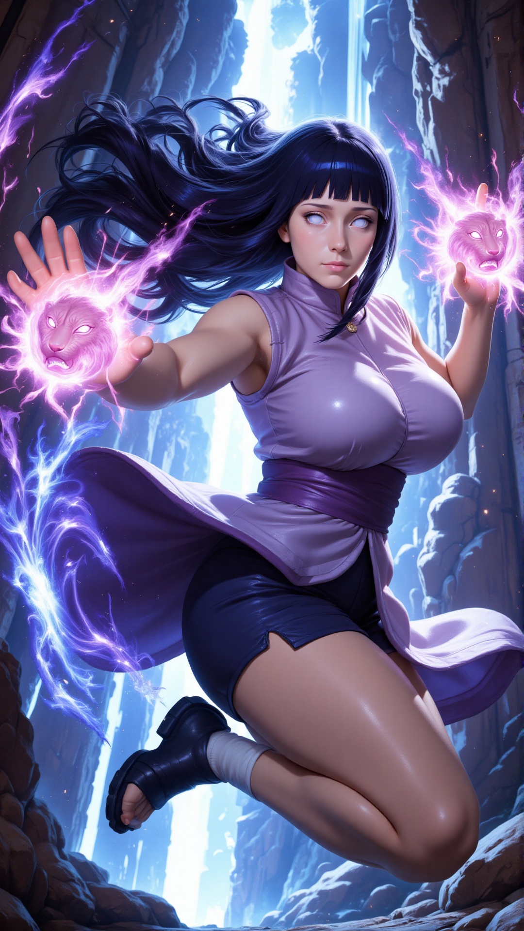 Hinata Hyuga in mid-air,  captured in a dramatic jumping fighting stance,  anime-style. Her body is angled diagonally as s...